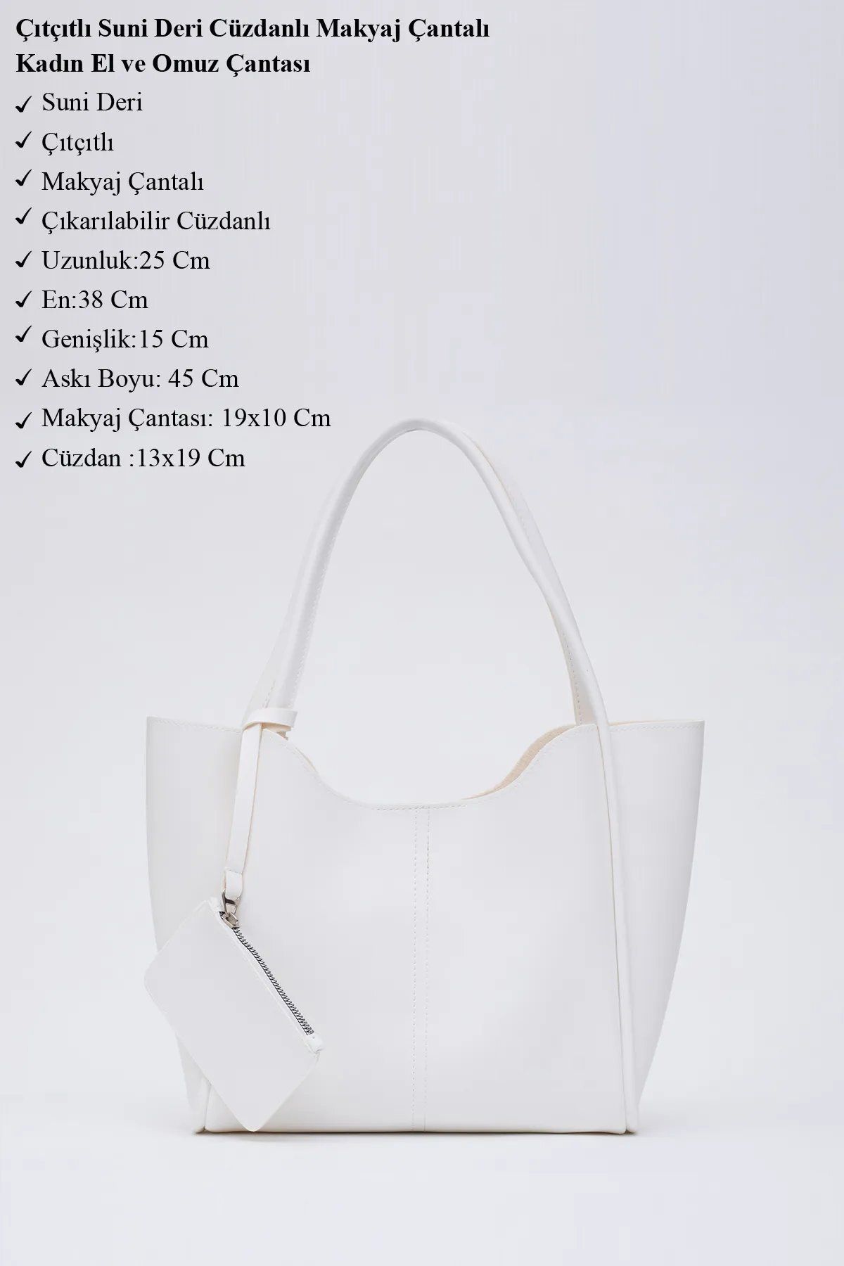 LİZZY BAG Beyaz Şık ve Fonksiyonel Cüzdanlı & Makyaj Çantalı Kadın Çıtçıtlı El ve Omuz Çantası U:25 E:38 G:15