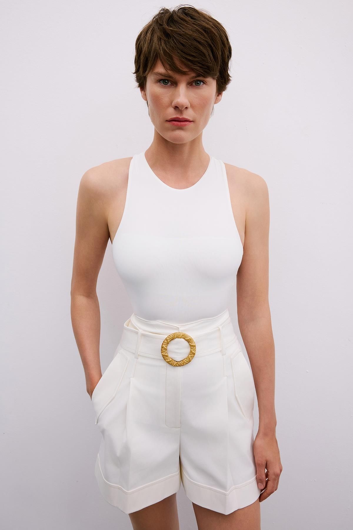 Rue Studio-Ecru Shorts with Belt Buckle Detail 5