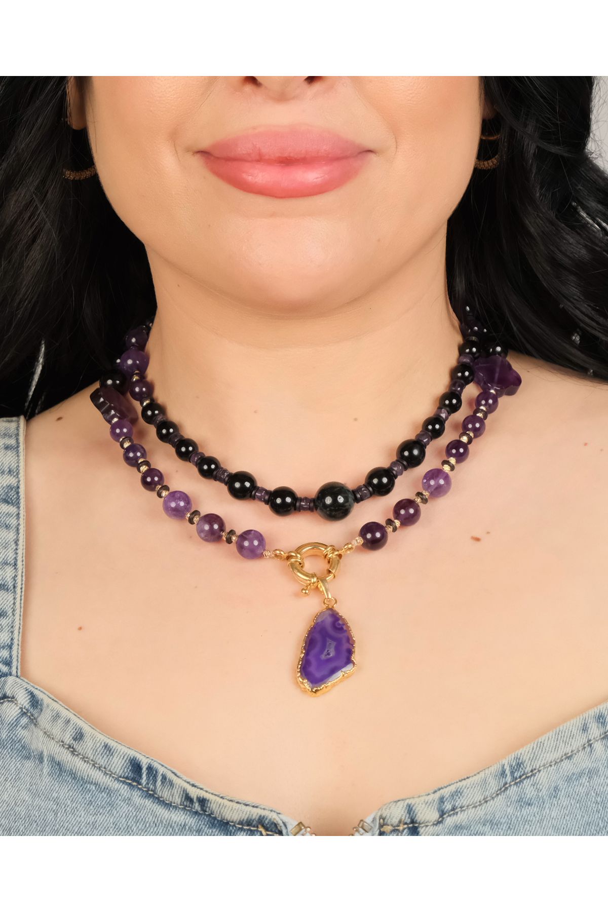 polimooi Ametist & Oniks Geode Kolye
