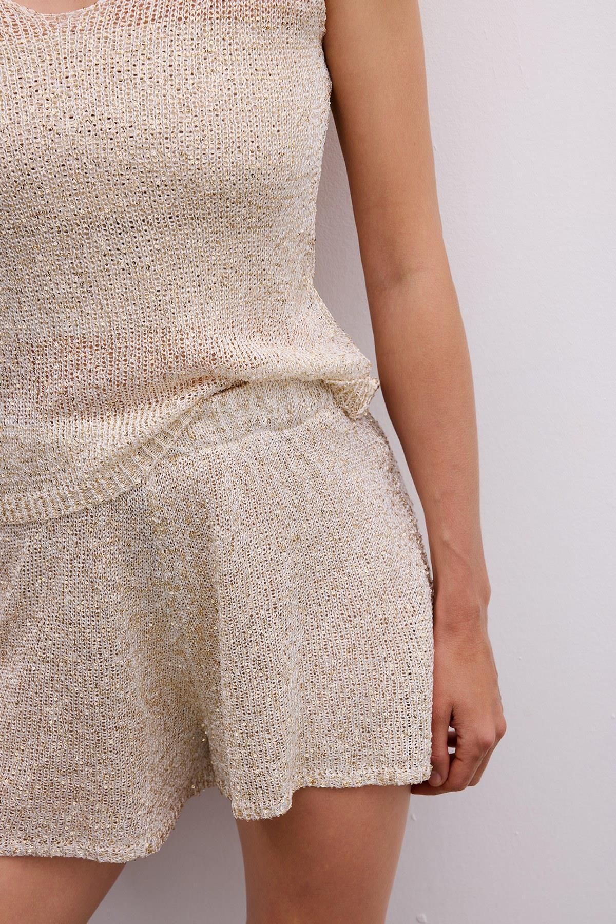 Rue Studio-Gold Sequined Lined Mini Ecru Shorts 3