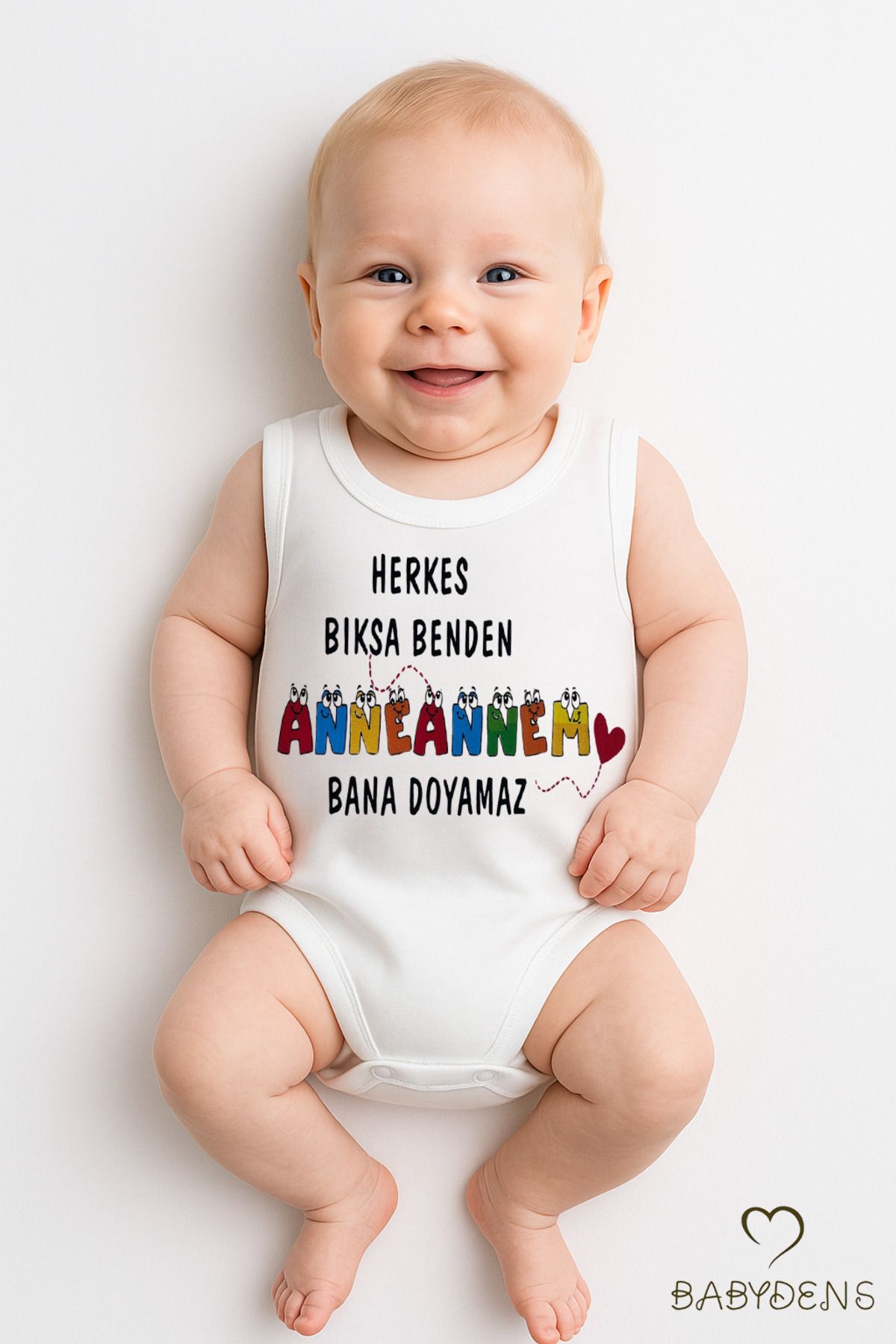 BABYDEN'S Anneannem Bana Doyamaz Yazılı Kolsuz Çıtçıtlı Body %100 Pamuk Hediyelik Yazlık Zıbın 0-3-24 Ay Tulum