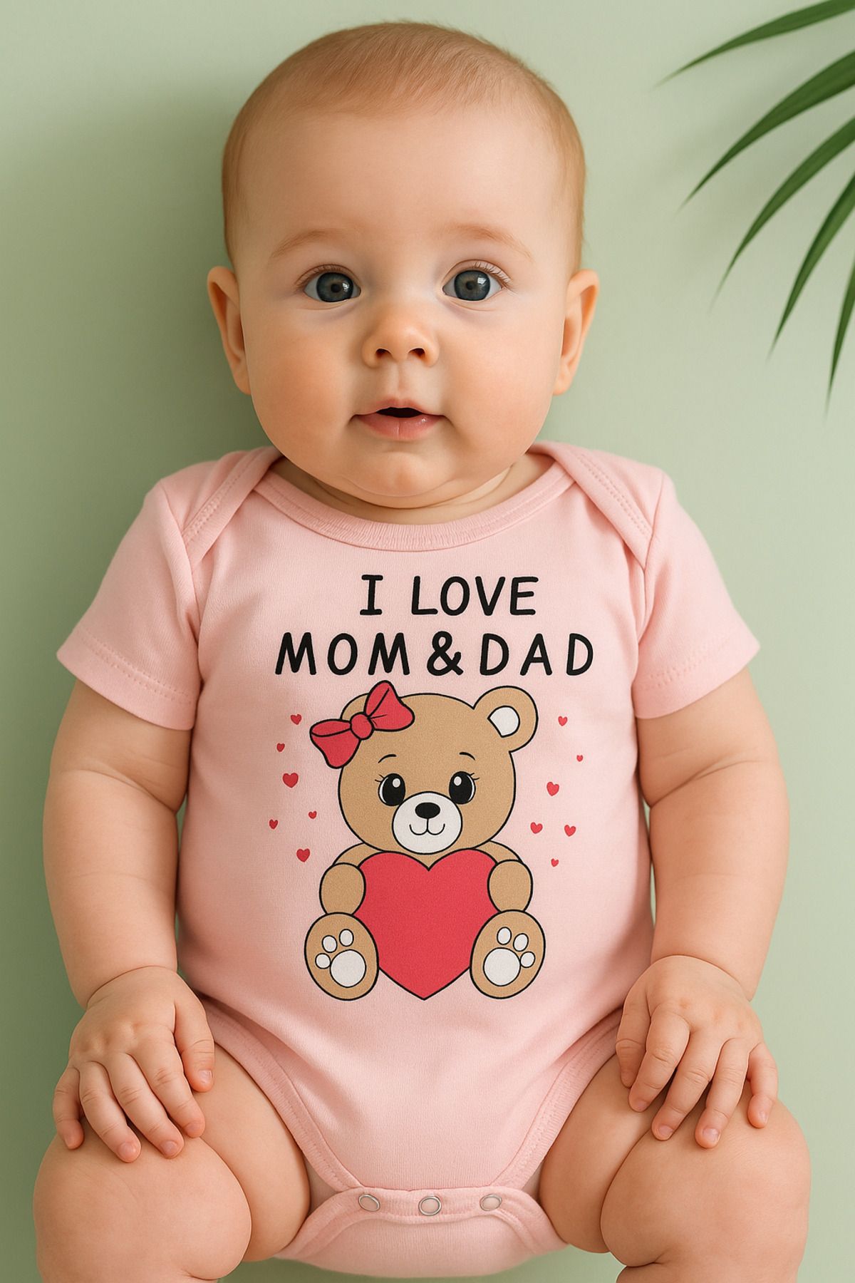 agugu Kız Bebek Kısa Kollu Zıbın I Love Mom & Dad Ayıcık Baskılı Body Pembe