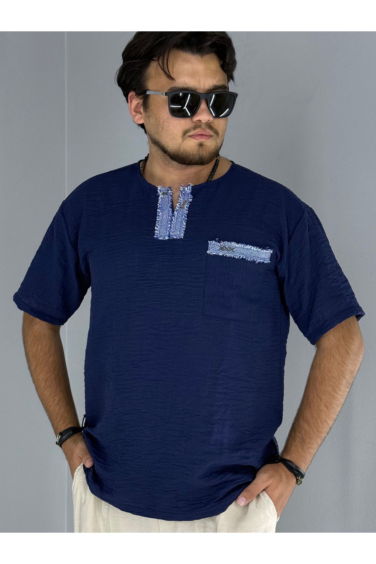 MARESHAL El Işi Yaka Ve Cep Pis Dikiş Oversize T-shirt (LACİVERT)