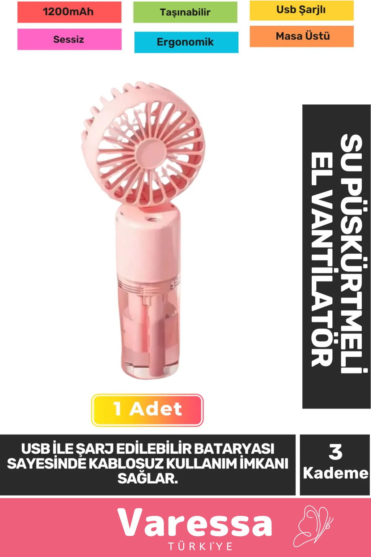 VARESSA Özel Sessiz 3 Kademeli Hafif Kablosuz Su Püskürtmeli Taşınabilir Usb Şarjlı Masa El Fanı Vantilatör