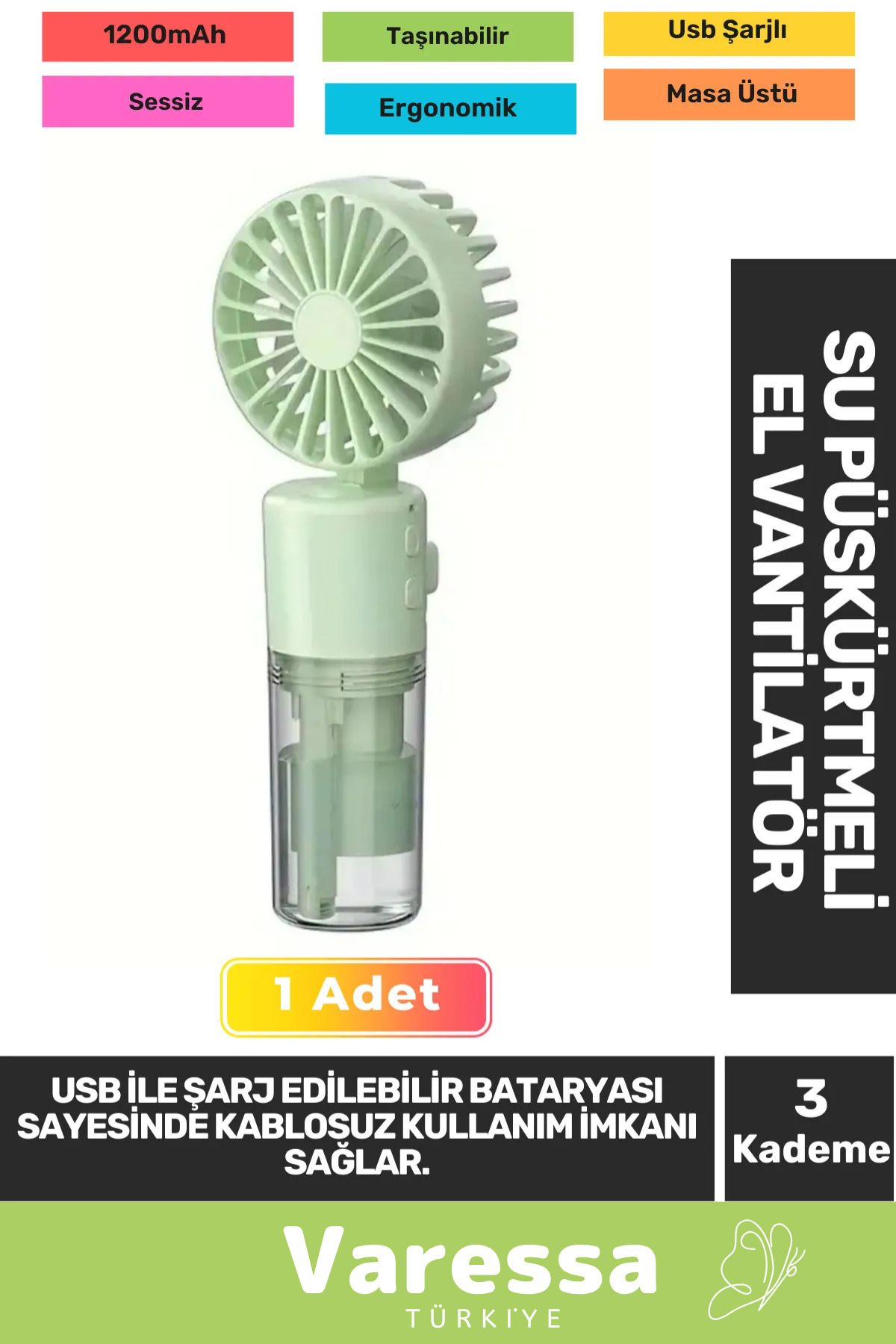 VARESSA Özel Sessiz 3 Kademeli Hafif Kablosuz Su Püskürtmeli Taşınabilir Usb Şarjlı Masa El Fanı Vantilatör