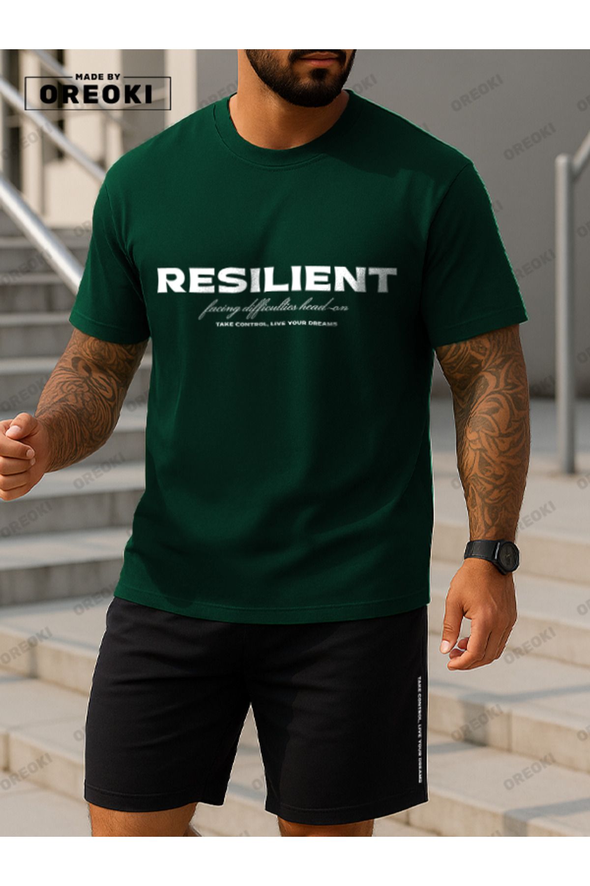 EFFRENATU Dayanıklı Baskılı Pamuklu Kumaş Erkek Orman Yeşili T-shirt-Siayh Şort Takım