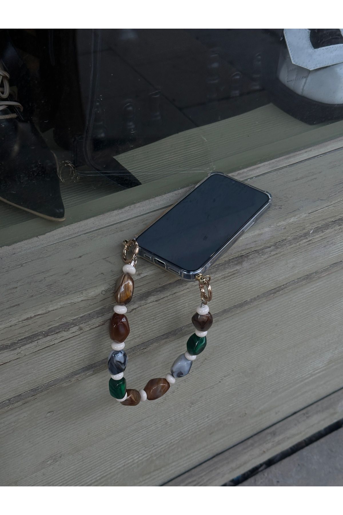 Cherry Carter İphone 14 Pro Max Uyumlu Taş Detaylı Askı ve Şeffaf Kılıf - Tasarım Telefon Kılıfı ve Askısı