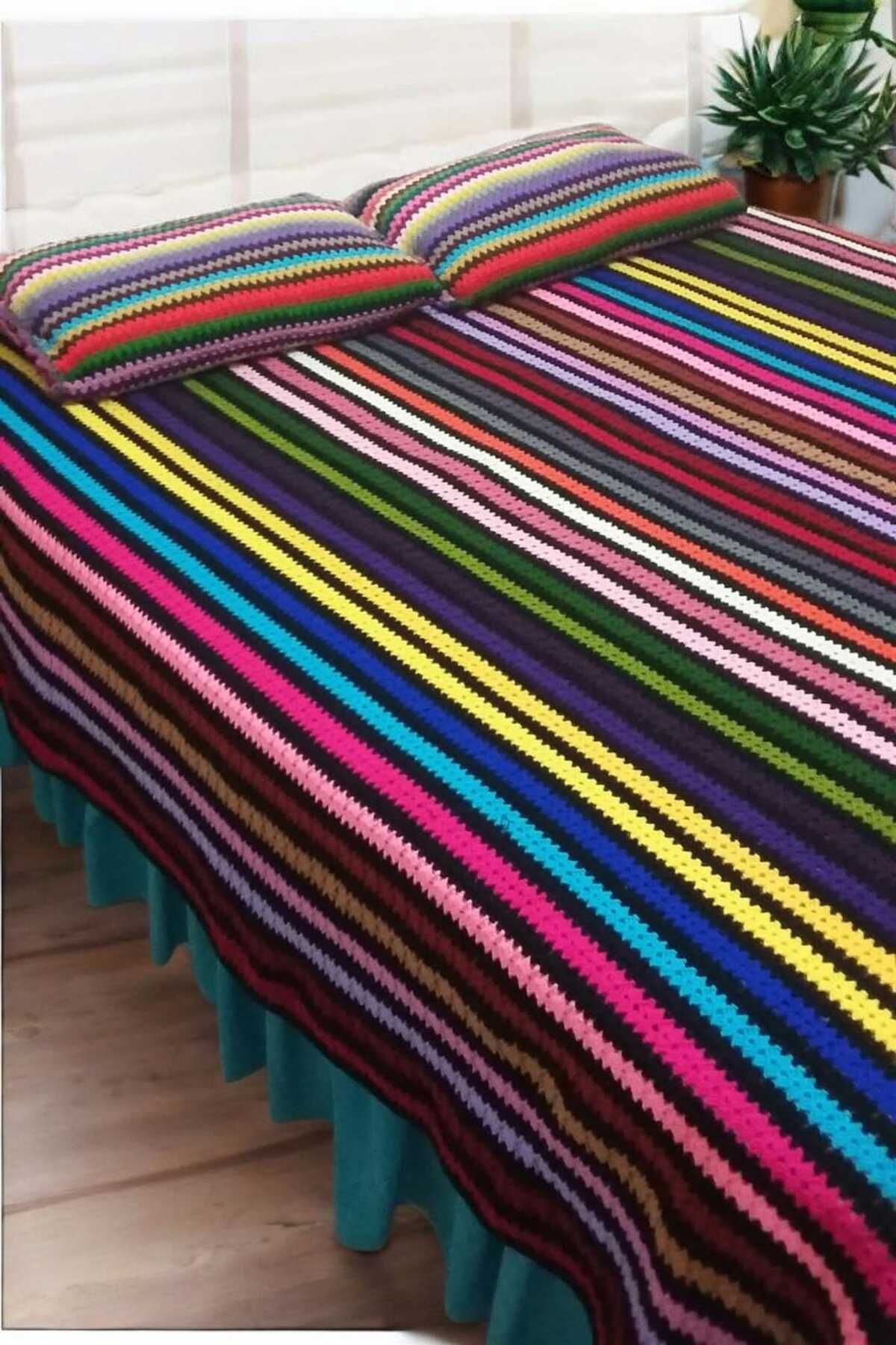 Örgü Sanatı DilekÇak El Örgüsü Çift Kişilik Bohem Yatak Battaniyesi, 260 X 220 Cm Yatak Örtüsü, Yatak Battaniyesi