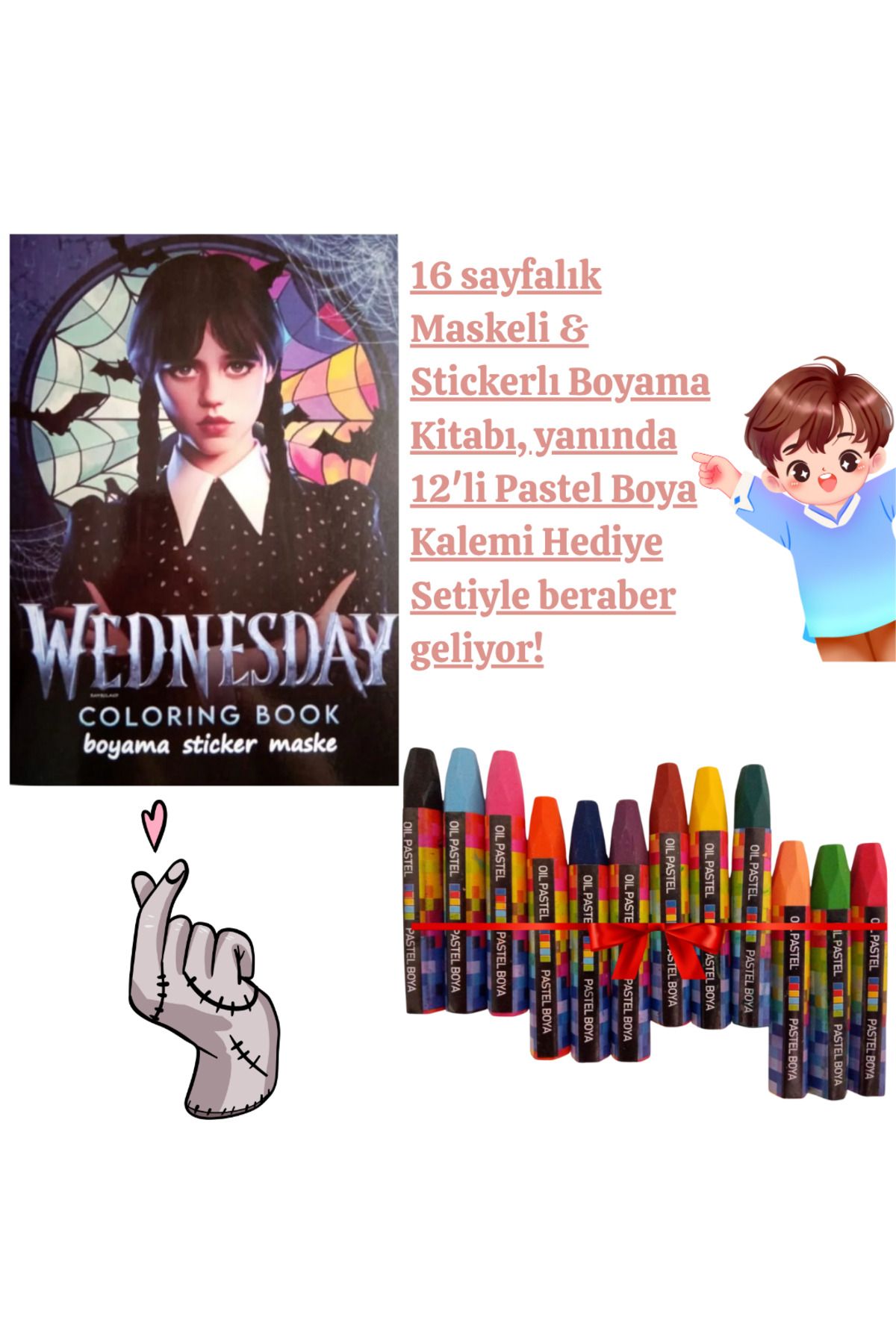 booddie Wednesday Boyama Kitabı Stickerlı (arka Kapak Kesilerek Maskeli ) 12'li Pastel Boya Seti