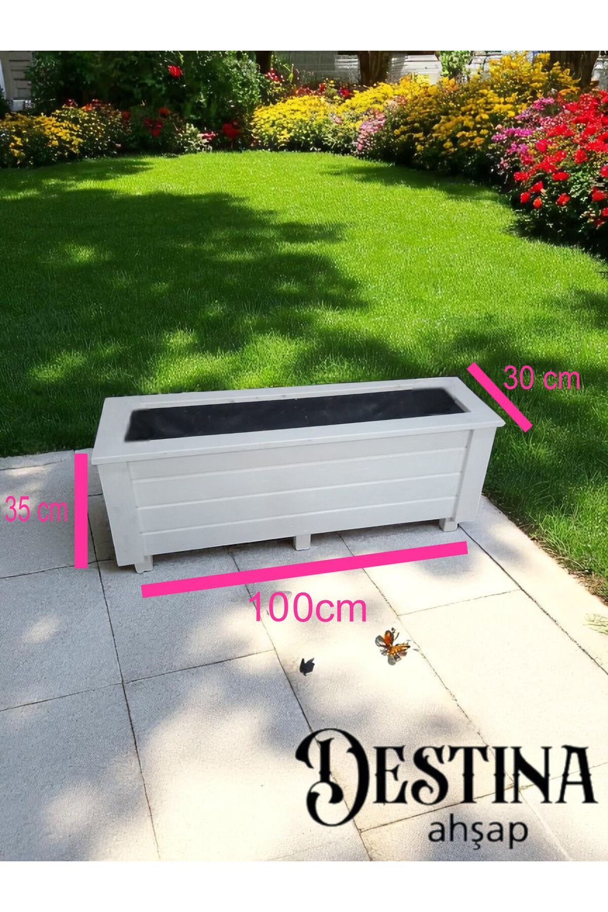 Destina Ahşap - Ahşap Saksı- Beyaz Renk-35cm h*30cm*100cm