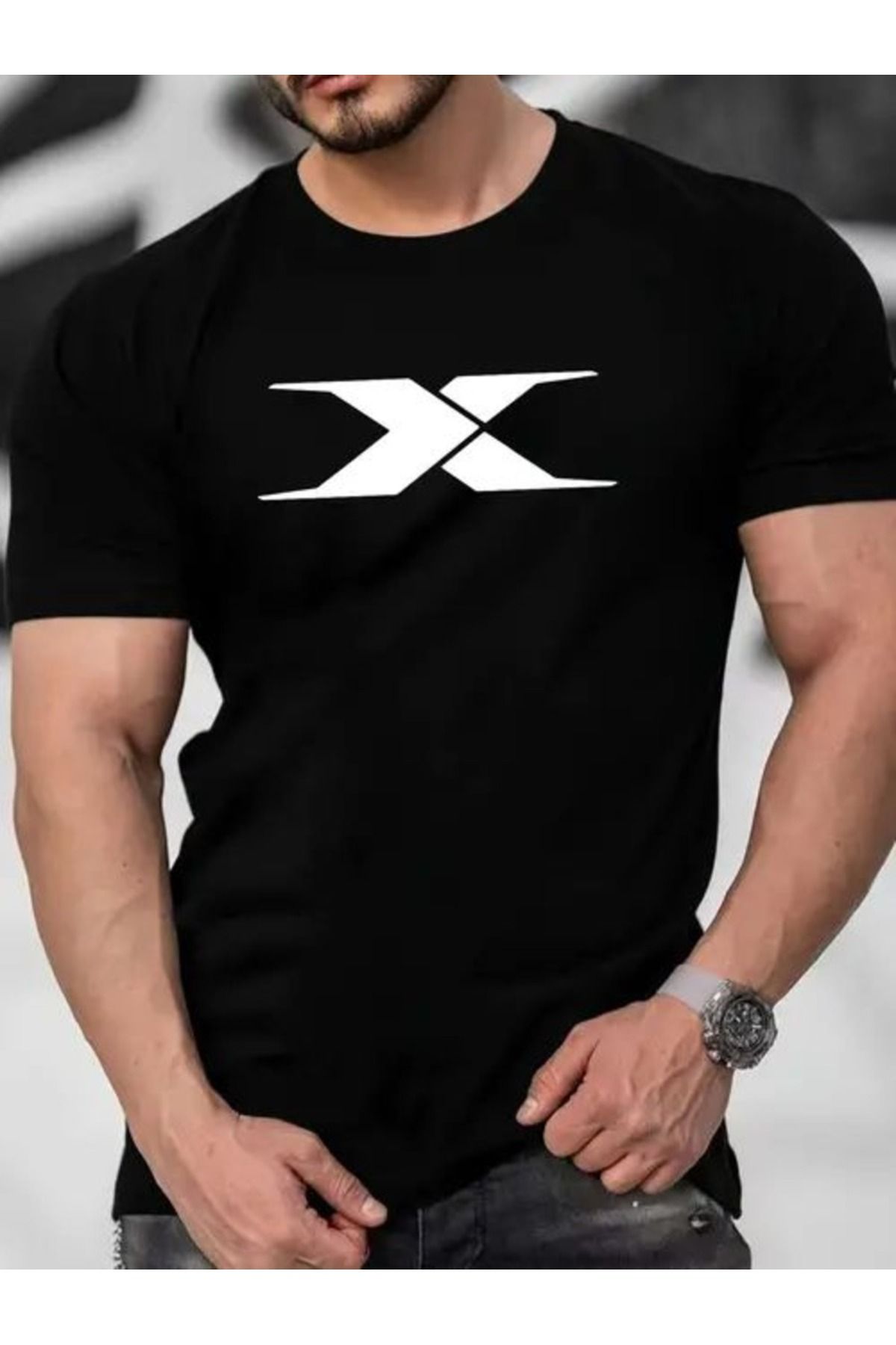 aynewmoda Kısa Kollu Yuvarlak Yaka X Baskılı Tişört