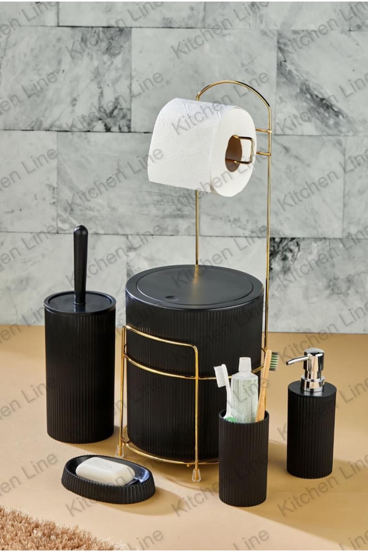 Kitchen Line GOLD 6 PARÇA BANYO SETİ METAL STANDLI ÇÖP KOVALI WC KAĞITLIK VE TUVALET FIRÇASI KATI- SIVI SABUNLUK