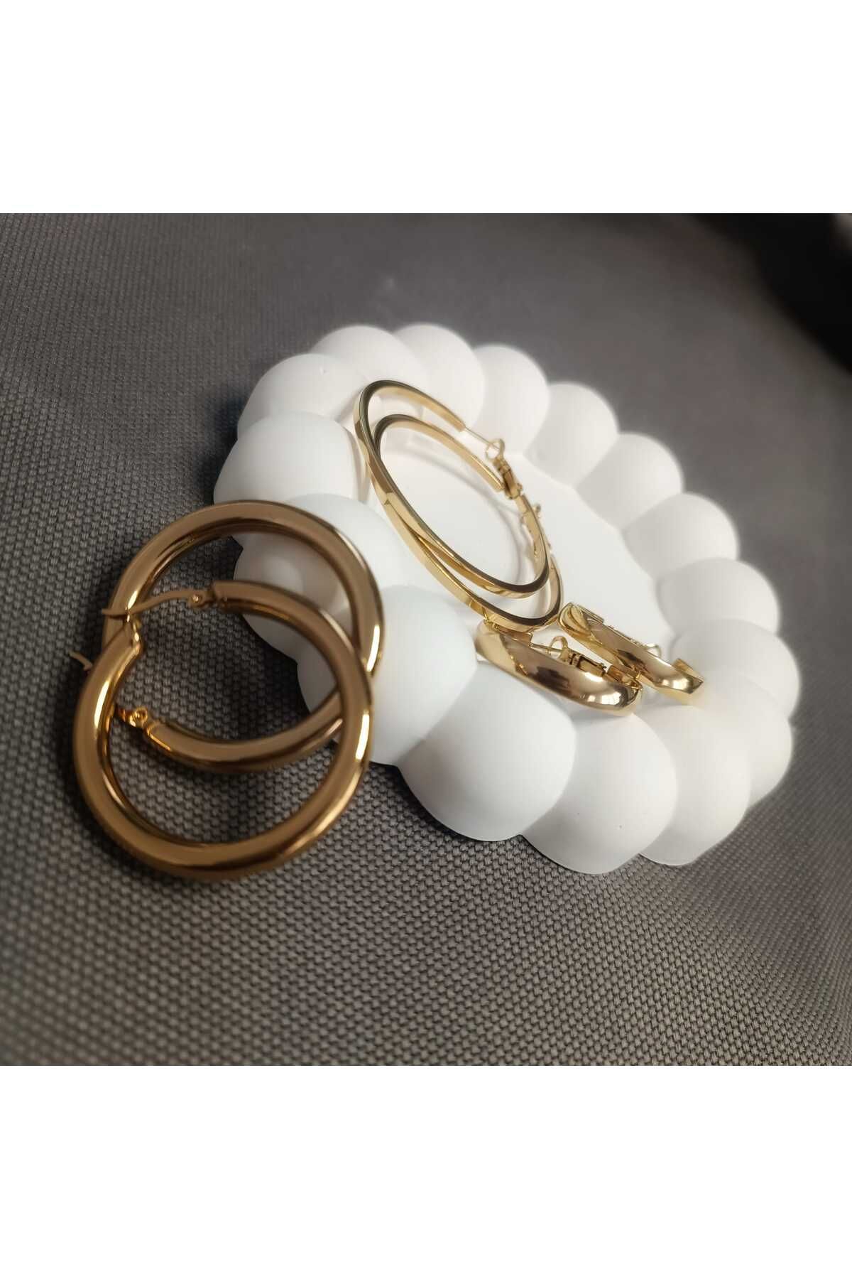 Masal Gurumi HALKA KÜPE SETİ (YASSI & KİBRİT ÇÖPÜ & YUVARLAK) 3LÜ 316L ÇELİK GOLD RENK