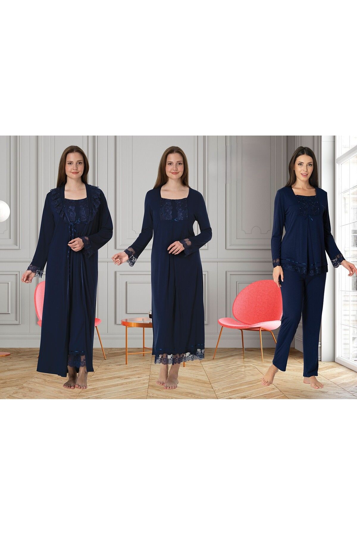 BLACKMORE Lacivert Özel Dantelli Tasarım Lohusa Hamile Gecelik-Sabahlık ve Pijama Takım 4'lü Set