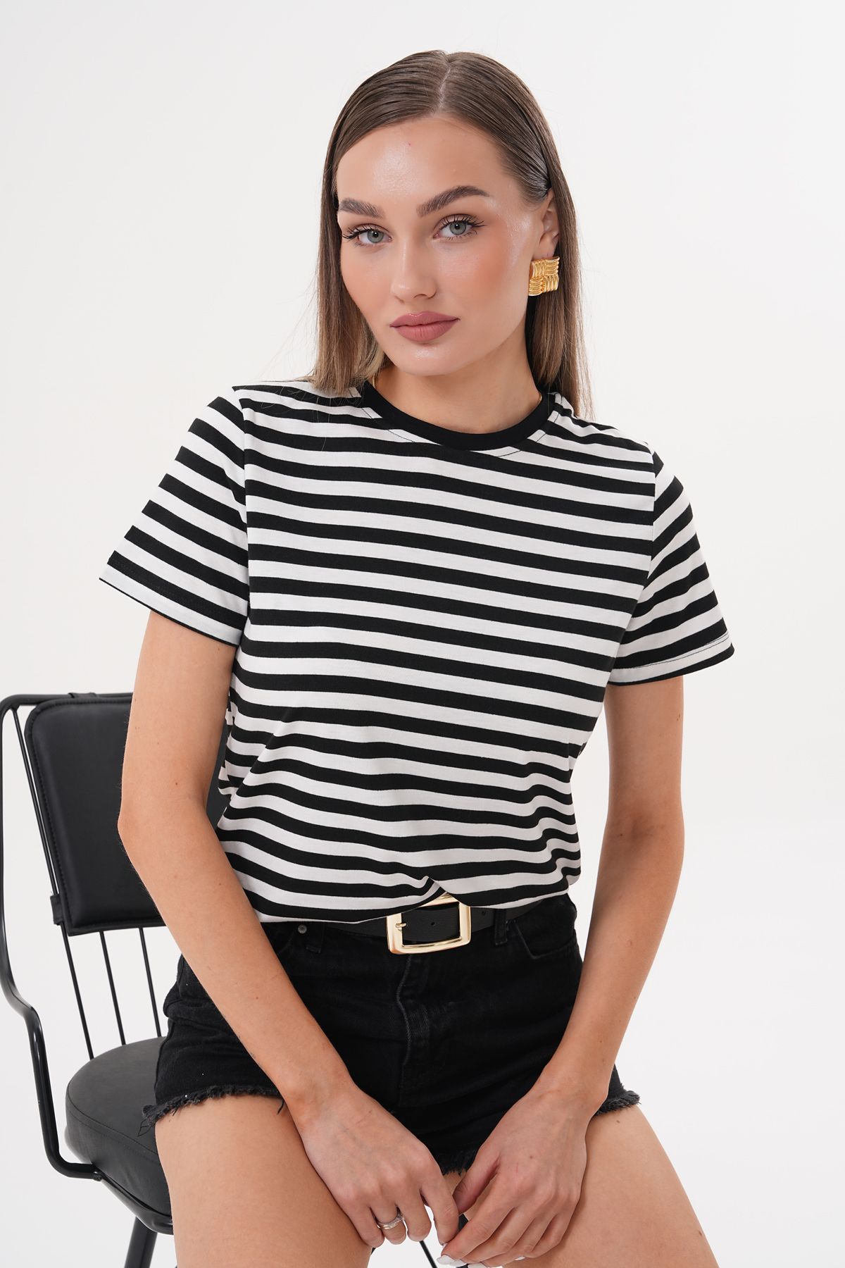 GENIUS STORE Kadın Çizgili T-shirt Bisiklet Yaka Kısa Kollu Tişört ÇİZGİLİ-TİŞÖRT