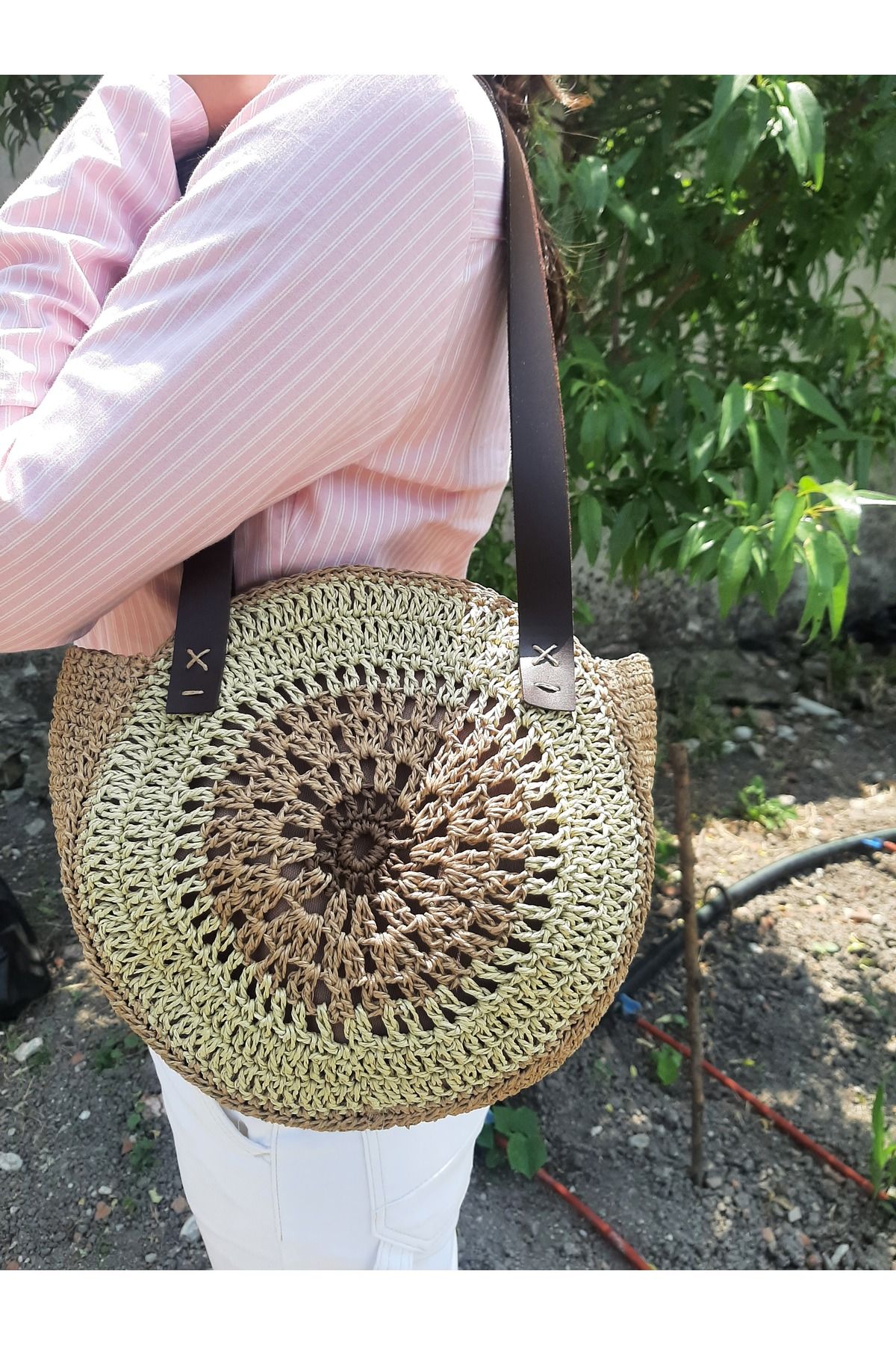 APRİLHANDMADE Yuvarlak Hasır Görünümlü Kağıt İp Çanta