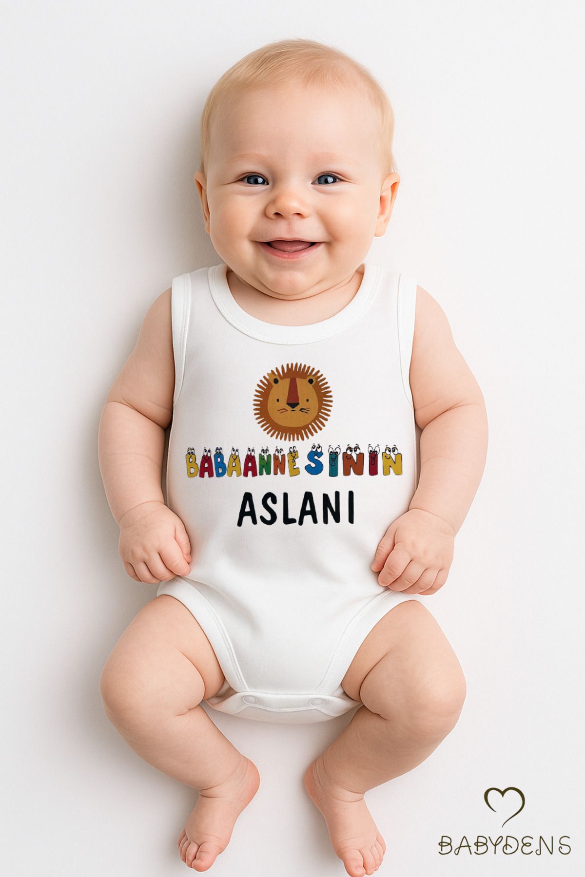 BABYDEN'S “Babaannesinin Aslanı” Yazılı Kolsuz Bebek Body %100 Pamuk Yazlık Çıtçıtlı Zıbın Tulum