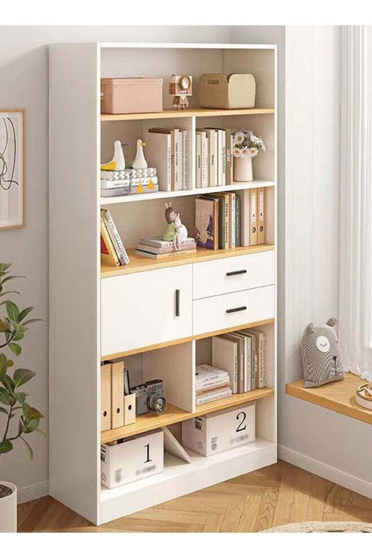 Raffine-Multipurpose Multi-Tier Wooden Bookshelf Large Storage Display Rack with Drawers 1