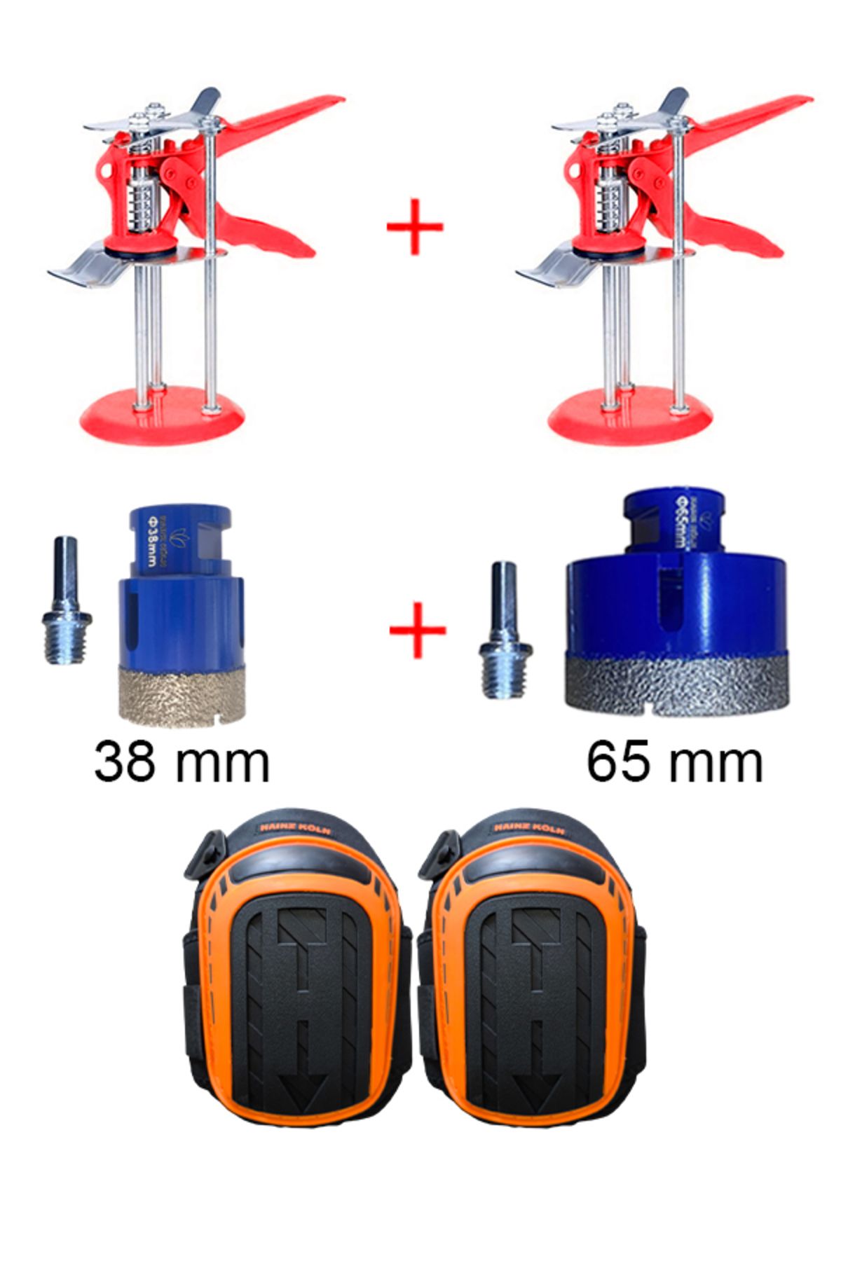 ÖZGÜN Fayansçı Seti 38mm ve 65mm Karot, 3 Bacaklı Kaldırgaç 2 Adet, Dizlik Darbe Koruyuculu 1 ÇİFT