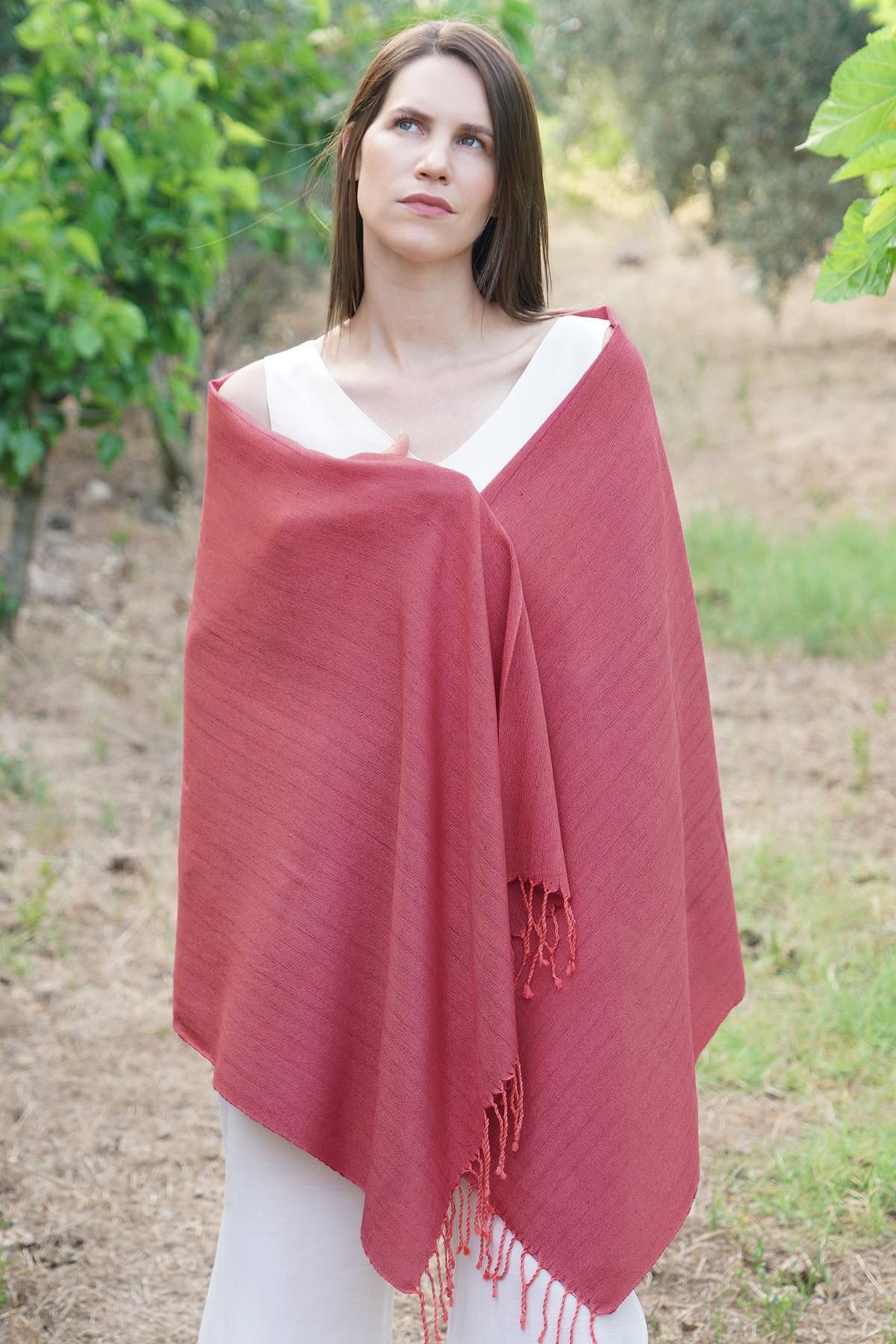 Defne&Apollon İpekçilik El Sağımı %100 İpek El Dokuması Şal 65 x 190 cm - Bordo