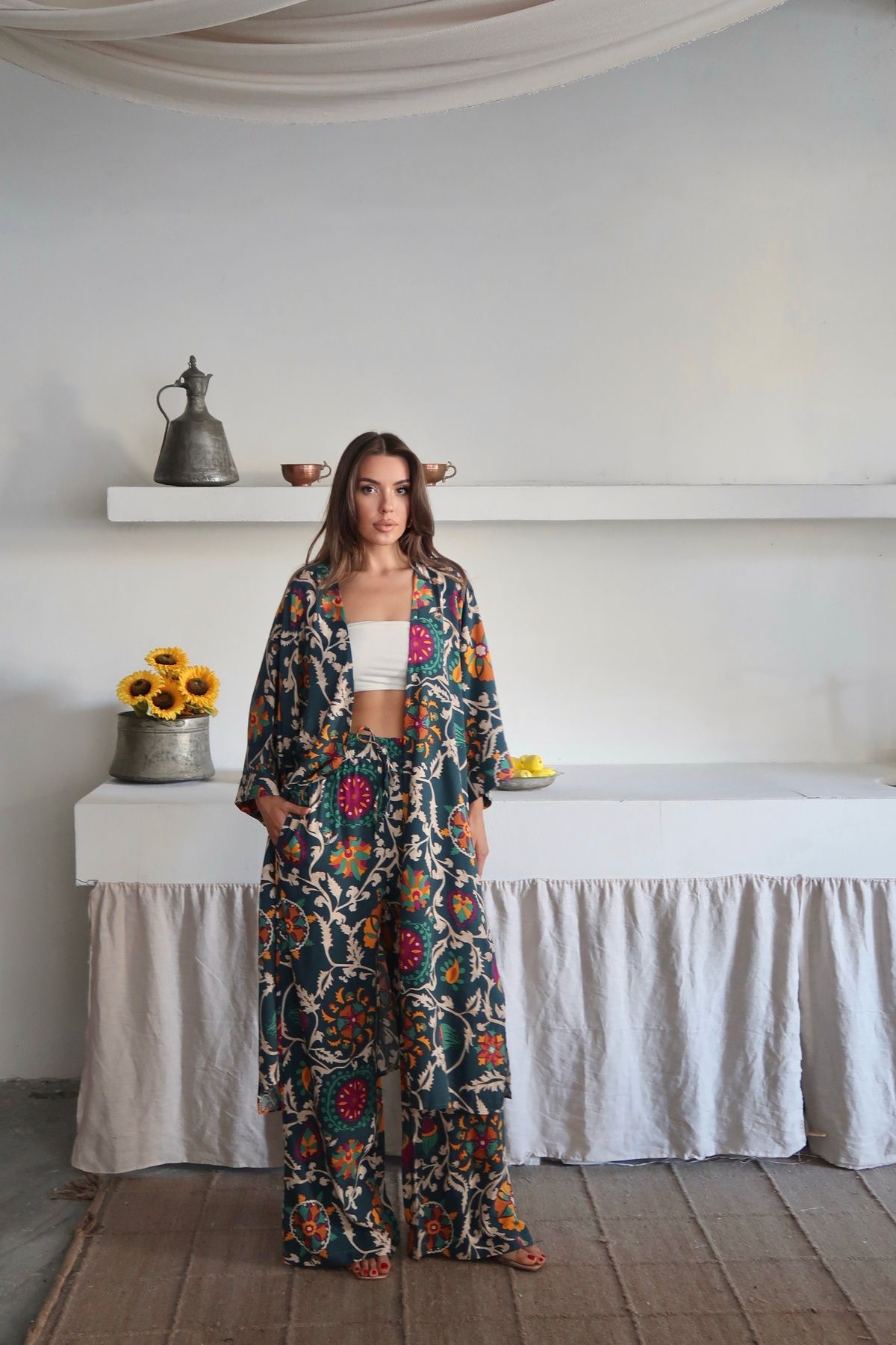 Paw Garage Kadın Desenli Kimono Pantolonlu Yazlık Takım