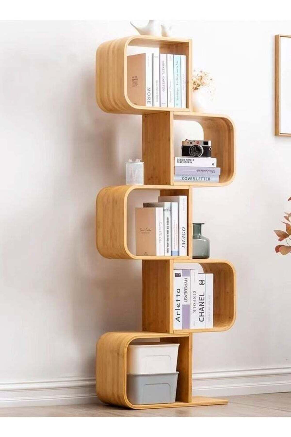 Raffine-Modern S Shaped Design Bamboo Bookcase Smooth Edge Storage Rack Display Stand 1