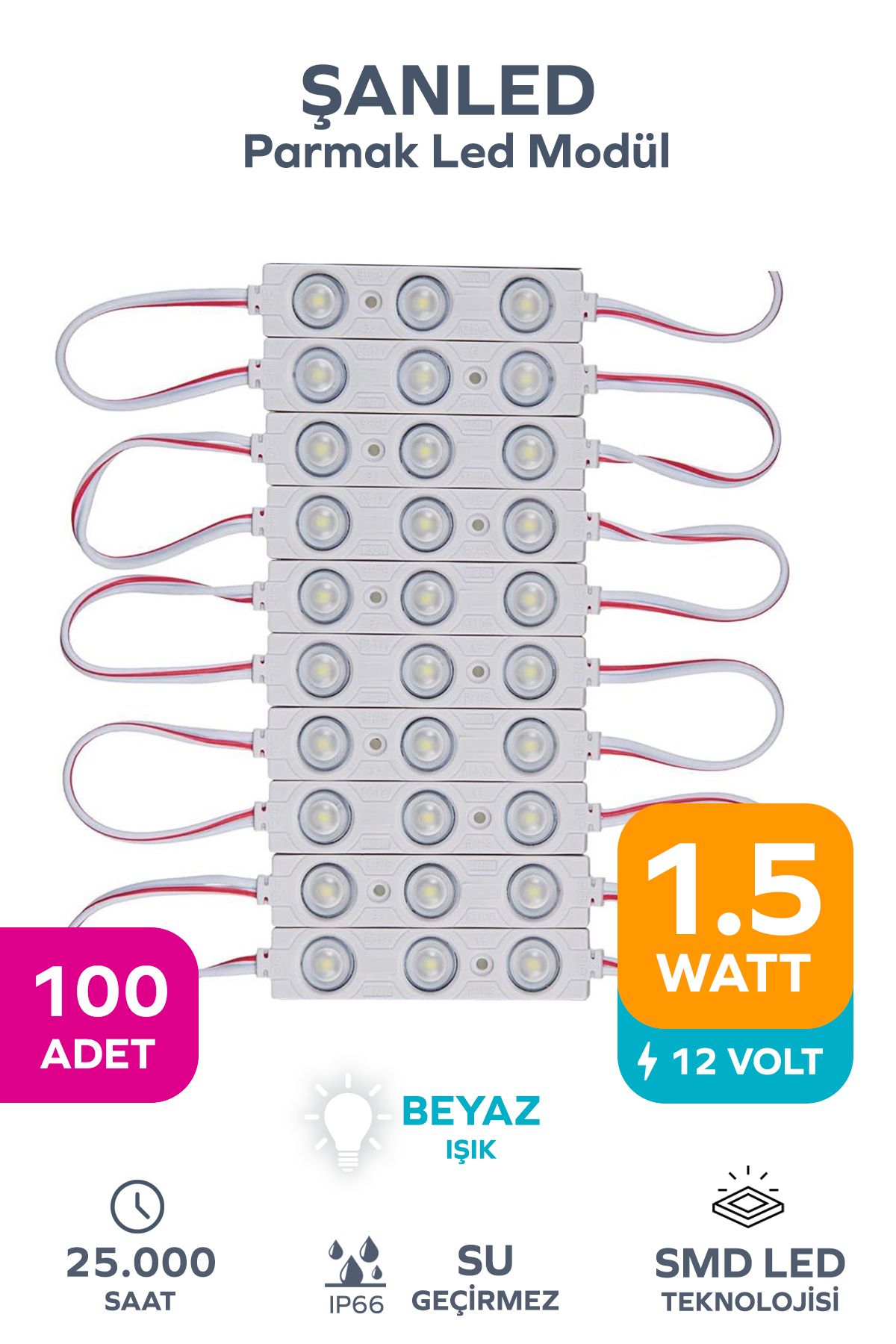 ŞANLED 3 Ledli Parmak Led Modül 1.5w 2835 Smd Mercekli Beyaz,gün Işığı,mavi,kırmızı,yeşil 12v-100 Adettir