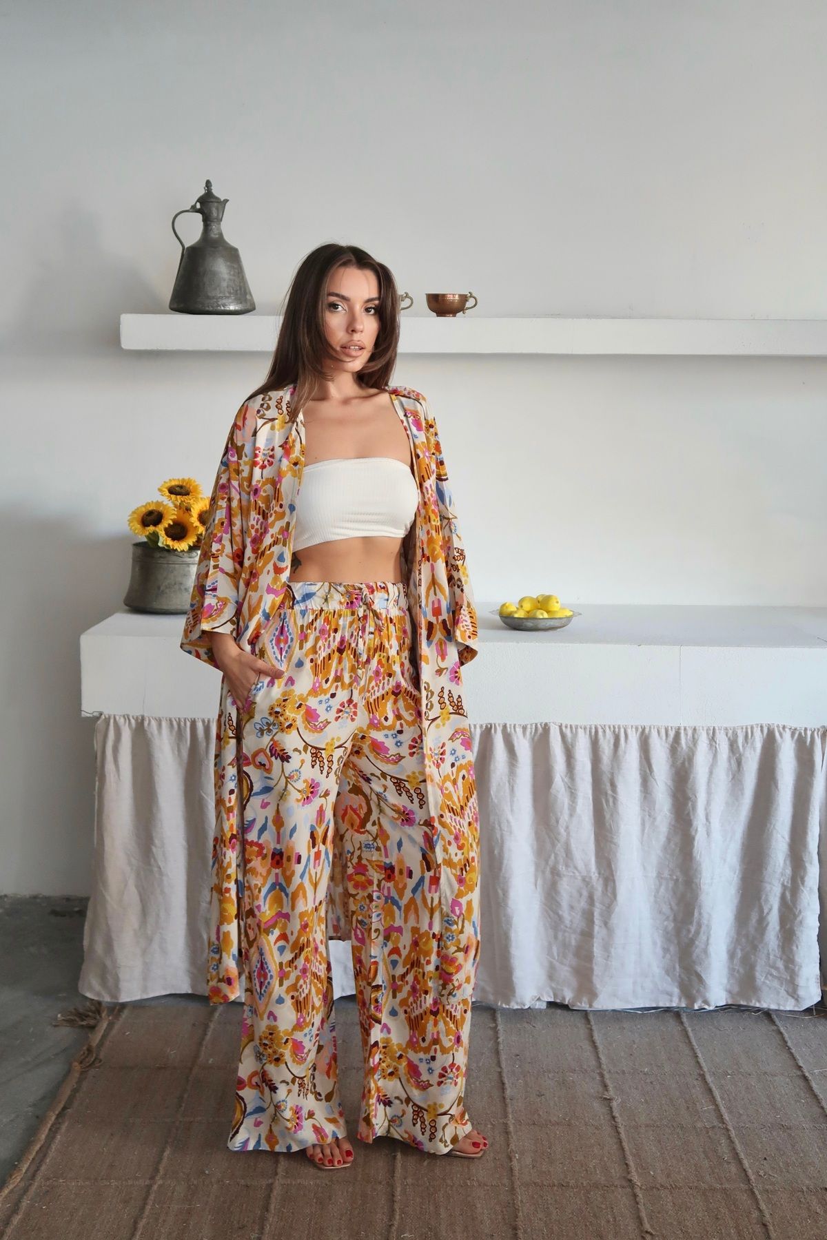Paw Garage Kadın Desenli Kimono Pantolonlu Yazlık Takım
