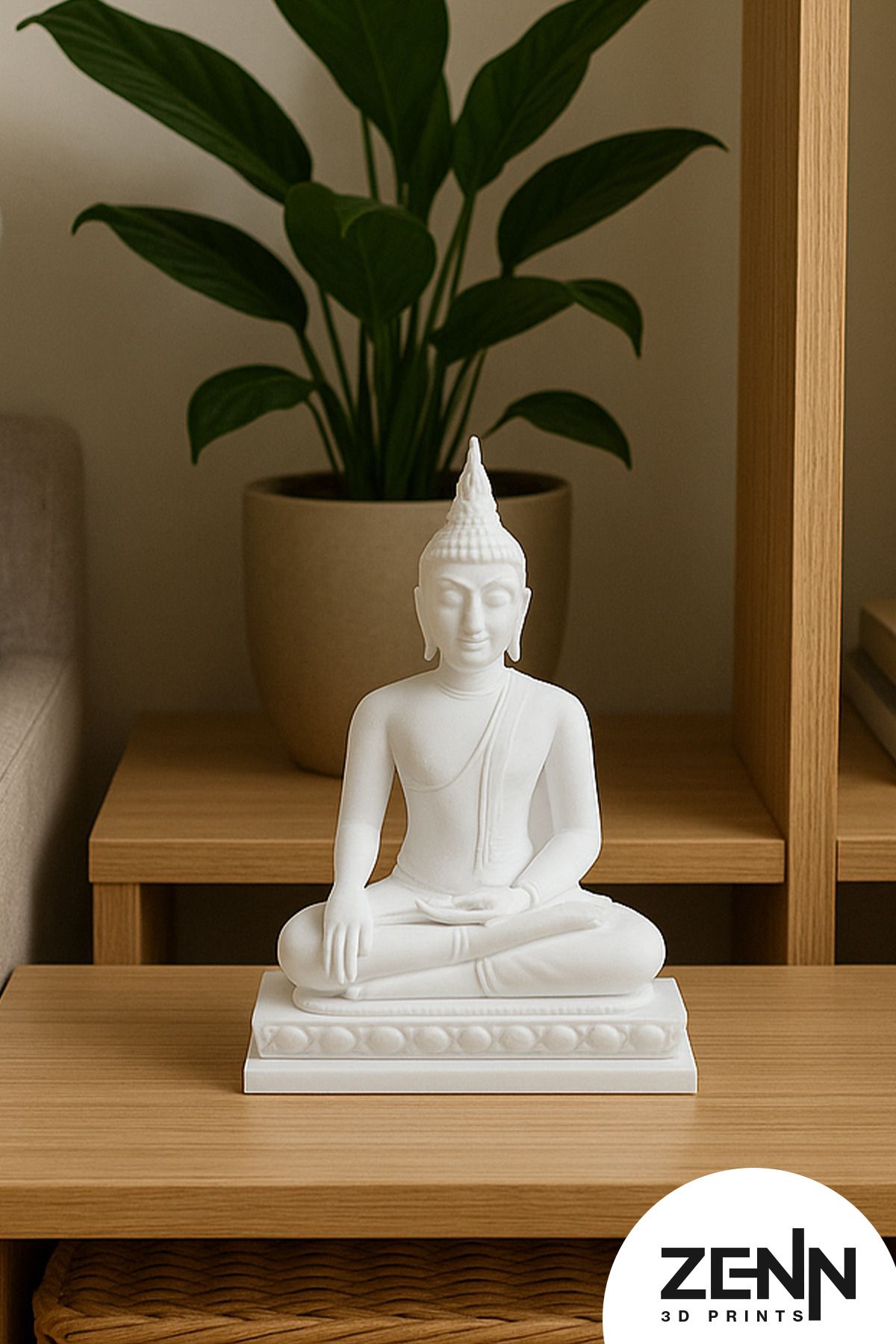 zenn dijital Meditasyon Buda Heykeli 3D – Beyaz Minimal Tasarım – İç Mekan Süs