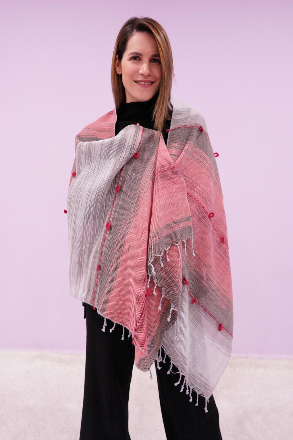 Defne&Apollon İpekçilik El Dokuması Yünlü Şal 65 x 205 cm - Pembe-Gri