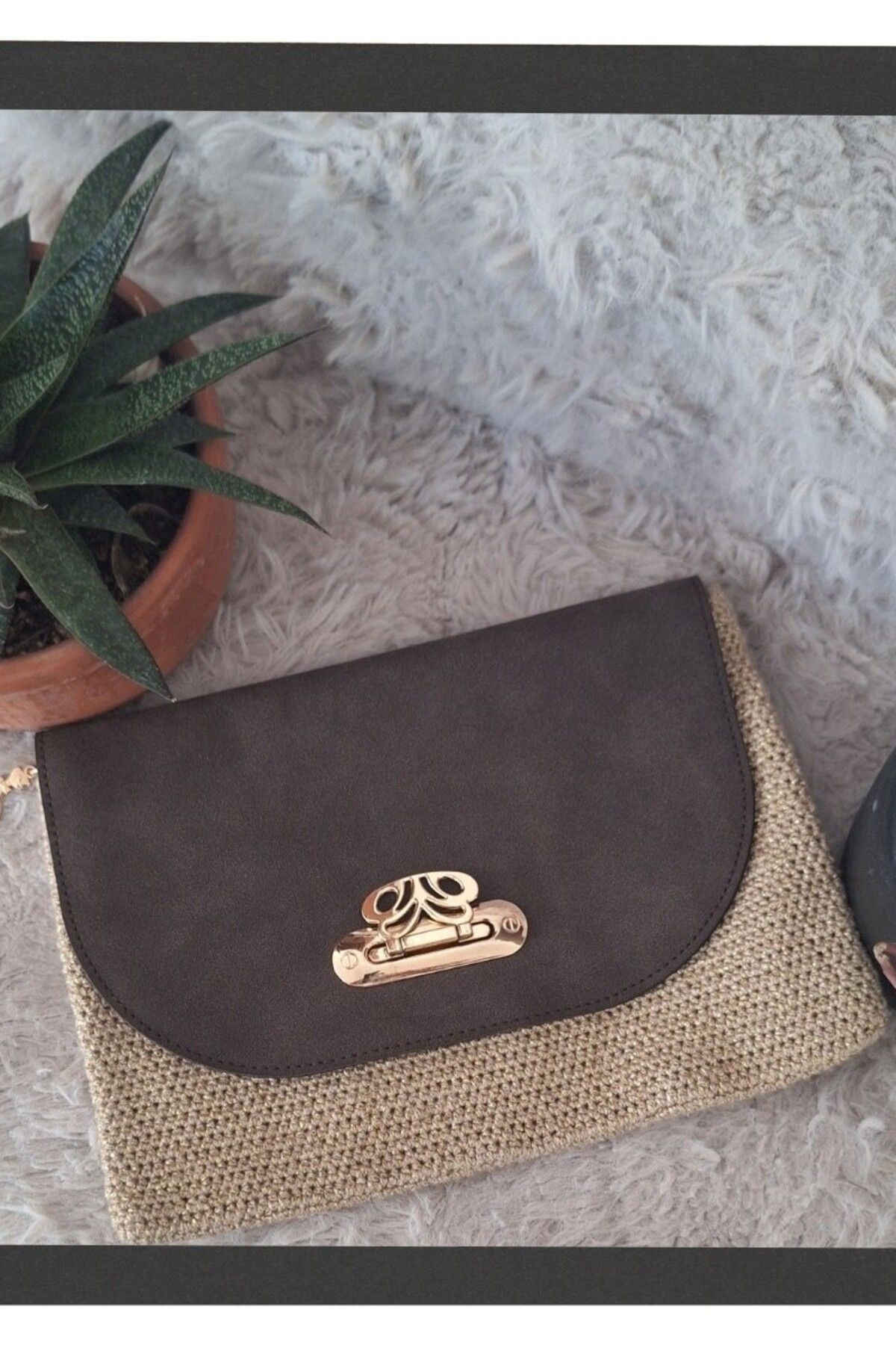 Butik KADIN KAHVERENGİ GÜDERİ KAPAKLI BEJ DOĞAL SİMLİ İP EL ÖRGÜSÜ, HAND MADE CLUNCH ÇANTA, EL ÇANTASI