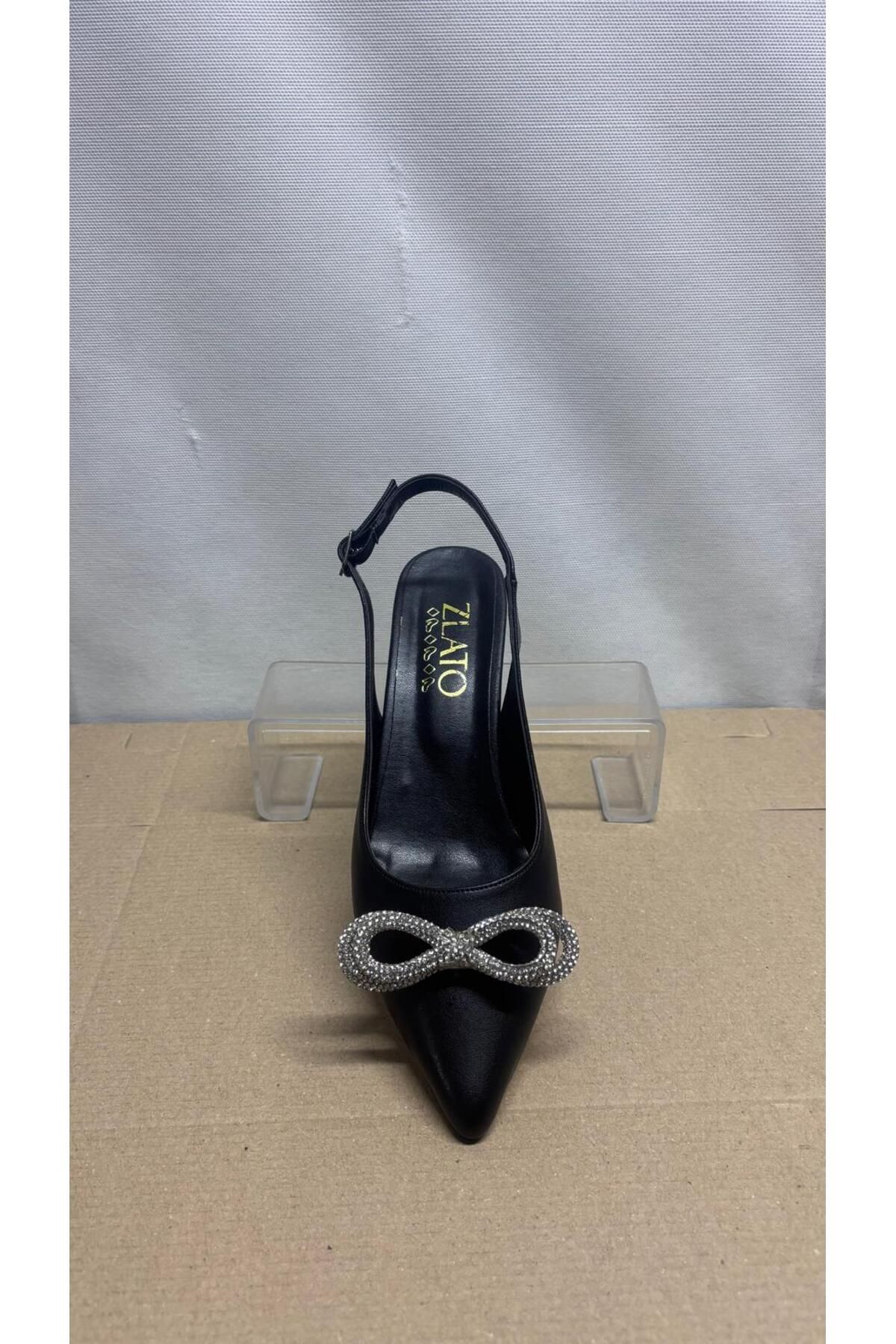 Zlato Kadın Fiyonk Taşlı Topuklu Ayakkabı Siyah Arkası Açık Stiletto Günlük ve Özel Günler