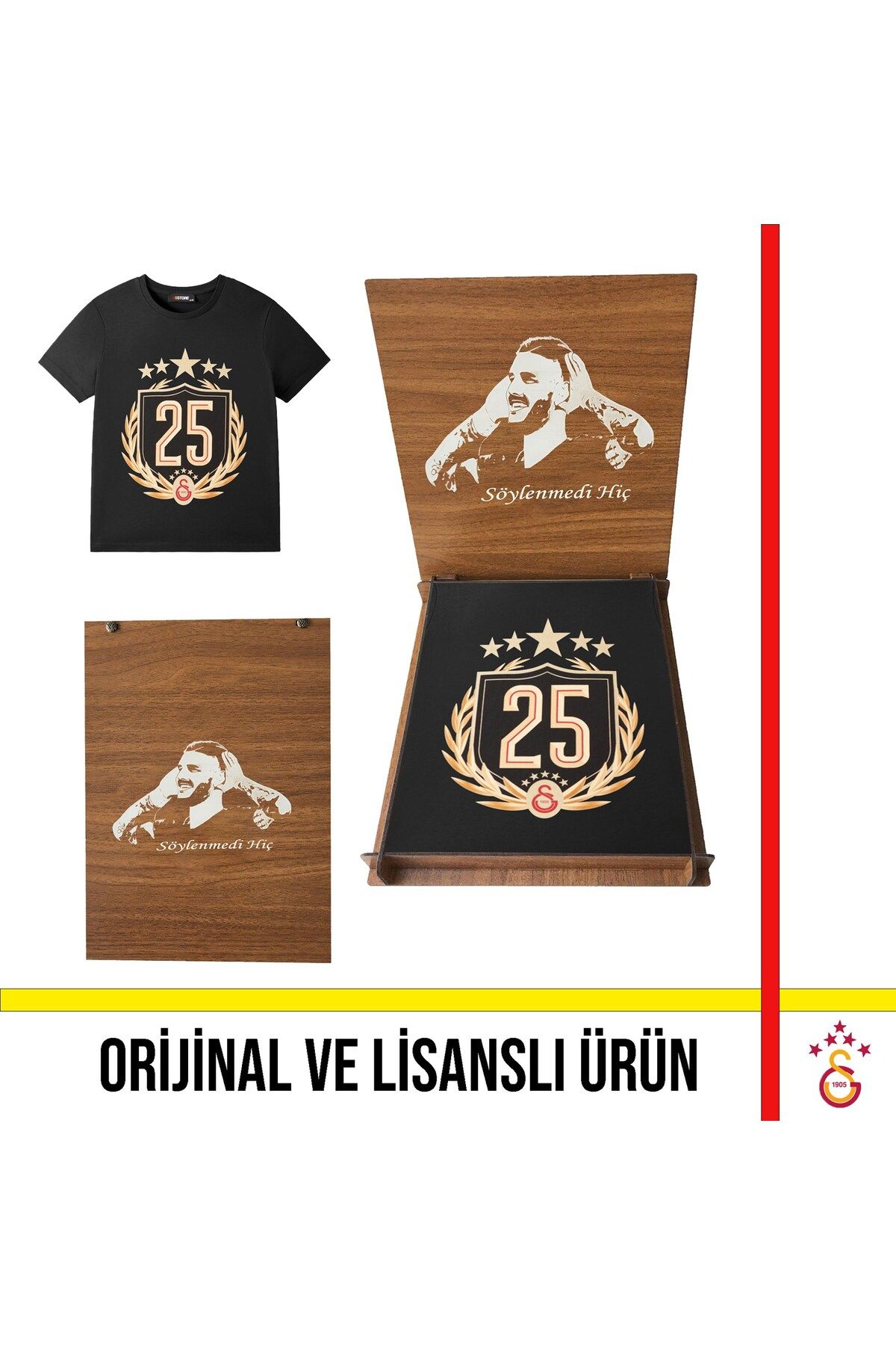 Galatasaray Lisanslı 2025 Şampiyonluk Özel Siyah Çocuk T-Shirt Hediye Icardi Ahşap Kutulu