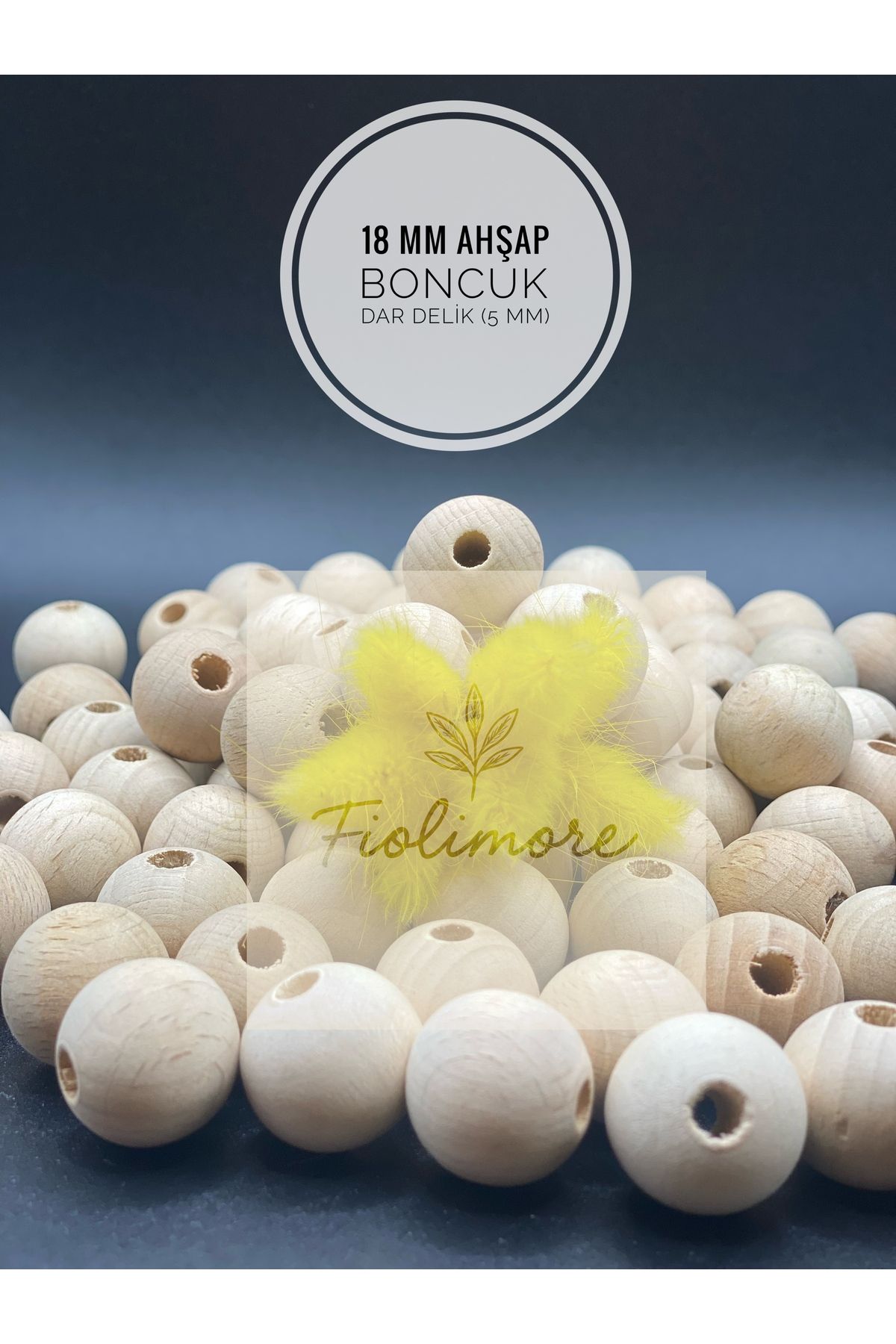Fiolimore 18 mm Ham Ahşap Boncuk (50 Gram 26 Adet) Delik Çapı 5 mm Yuvarlak Tahta Dar Delik