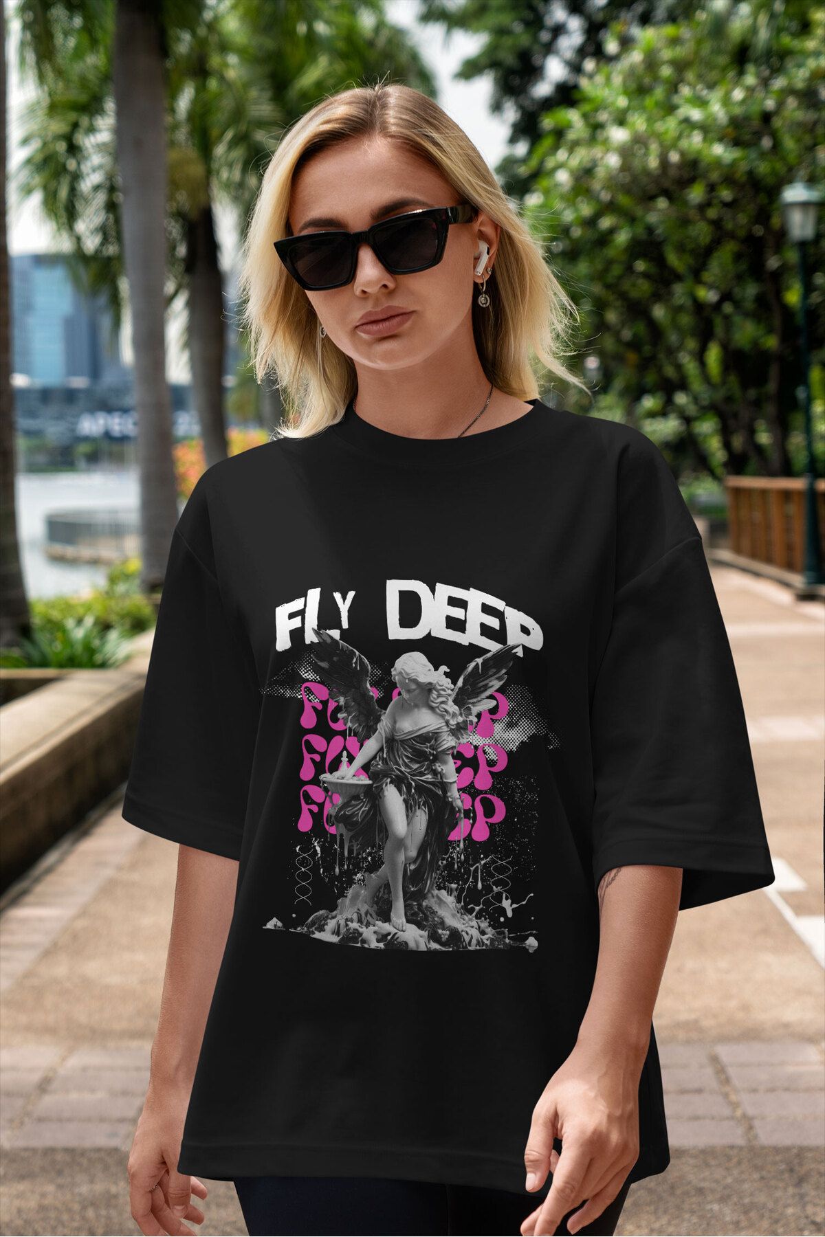 ELFAMİ Unisex Erkek/Kadın FLY DEEP Özel Baskılı Oversize Pamuklu Bisiklet Yaka T-Shirt