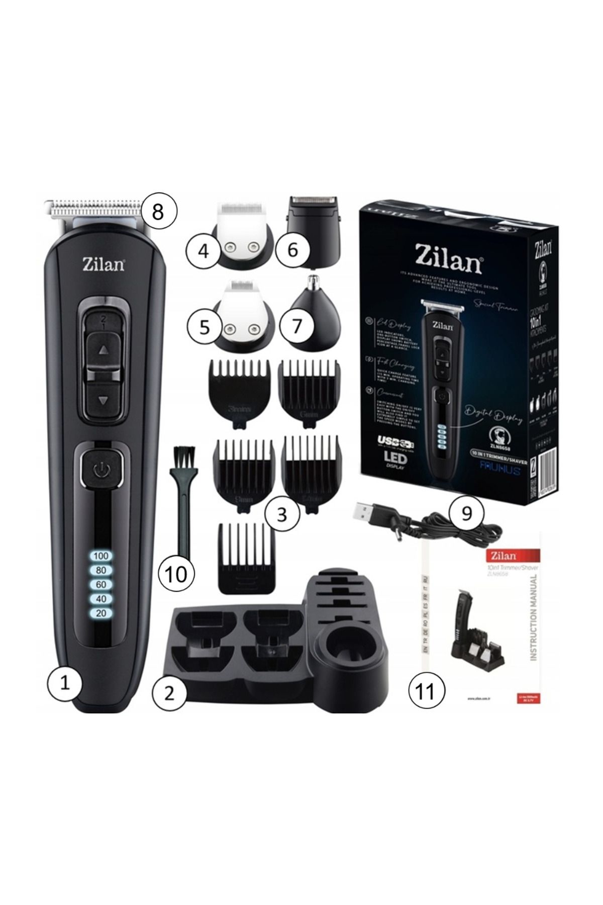 Zilan 10'in 1 Pro. Saç ve Sakal Tıraş Makinesi | Uranus – Hızlı Şarj | LED |