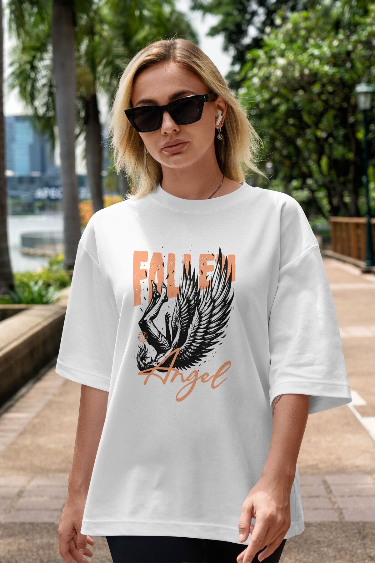 ELFAMİ Unisex Erkek/Kadın FALLEN ANGEL 2 Renkli Özel Baskılı Oversize Pamuklu Bisiklet Yaka T-Shirt Tişört