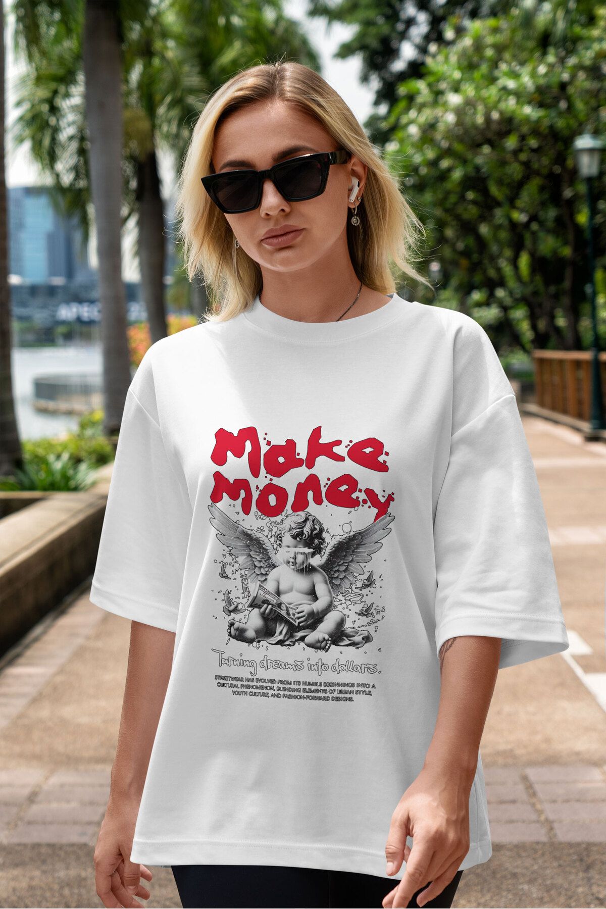 ELFAMİ Unisex Erkek/Kadın MAKE MONEY Renkli Özel Baskılı Oversize Pamuklu Bisiklet Yaka T-Shirt Tişört