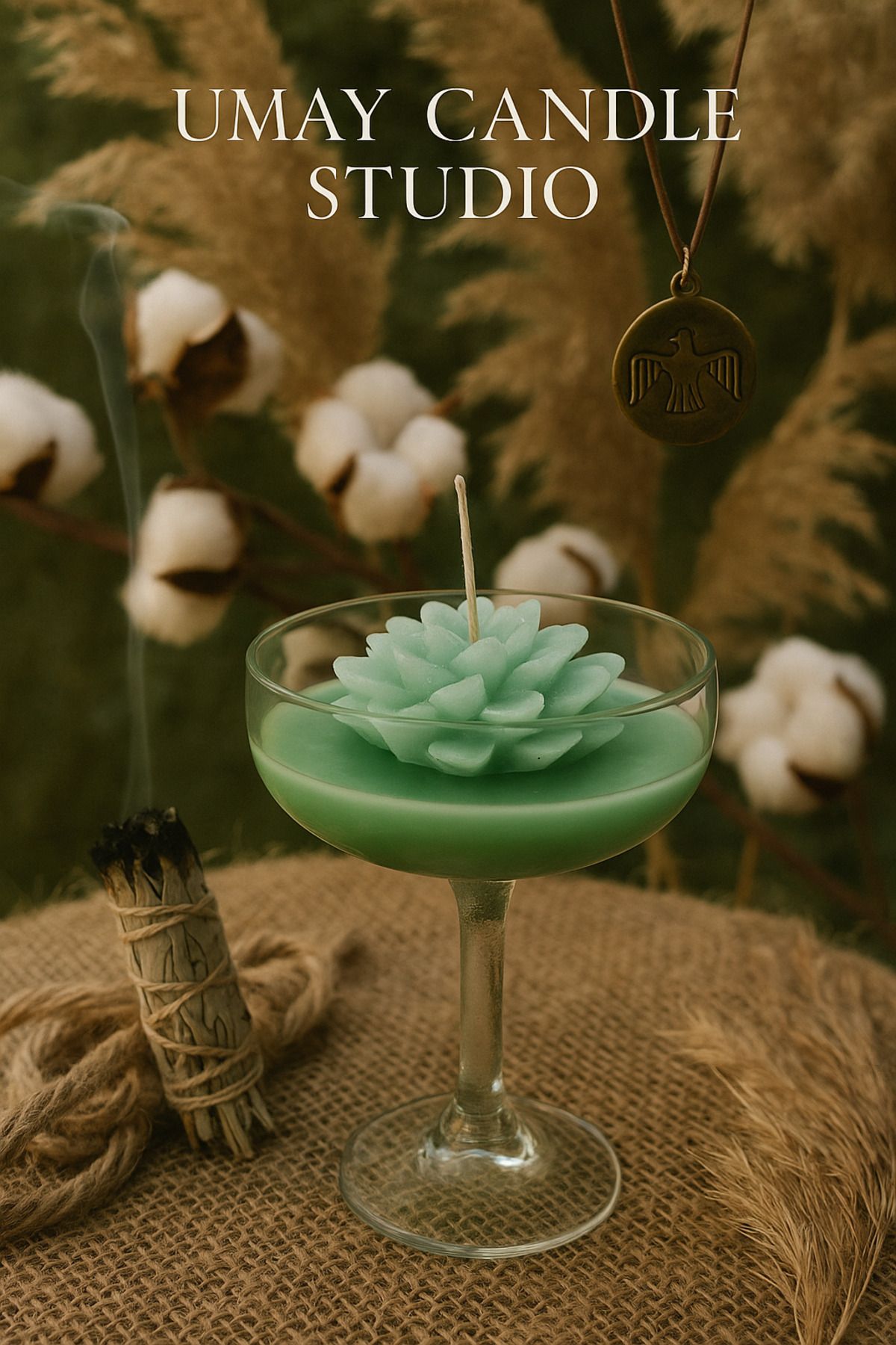 El Emeği Kadehte Yeşil Lotus Mum