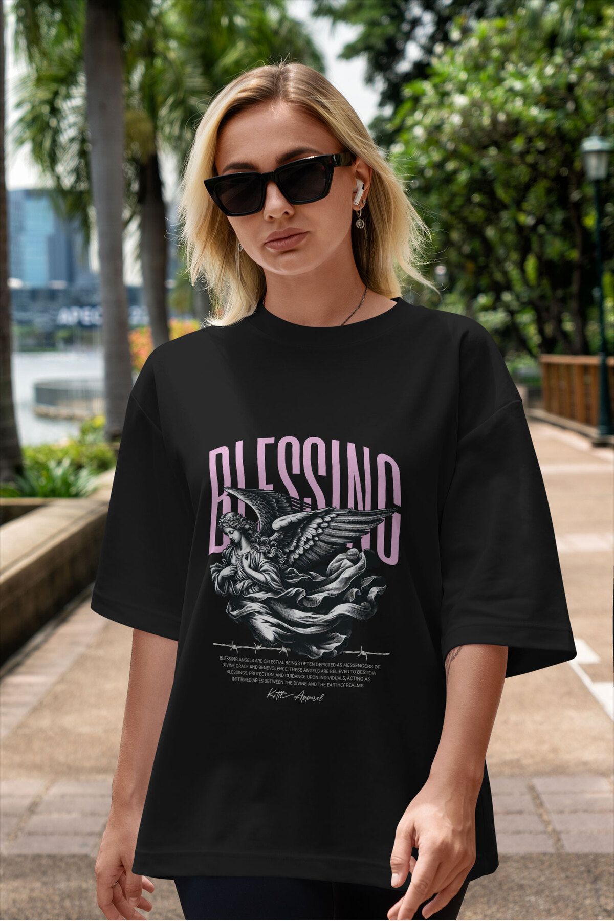 ELFAMİ Unisex Erkek/Kadın BLESSING Renkli Özel Baskılı Oversize Pamuklu Bisiklet Yaka T-Shirt Tişört