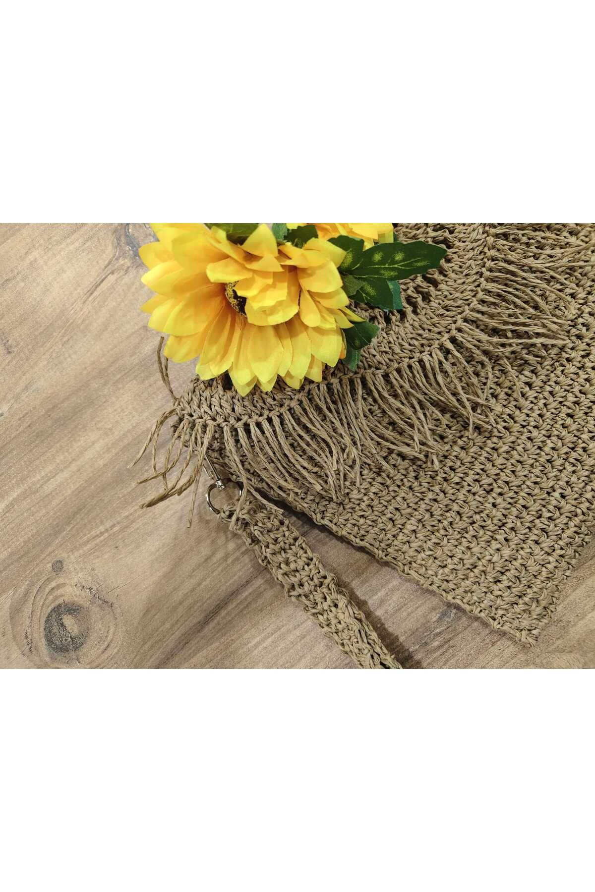 MODA Hasır Rengi Kağıt İpten 3 Dilim Kapaklı Clutch Çanta