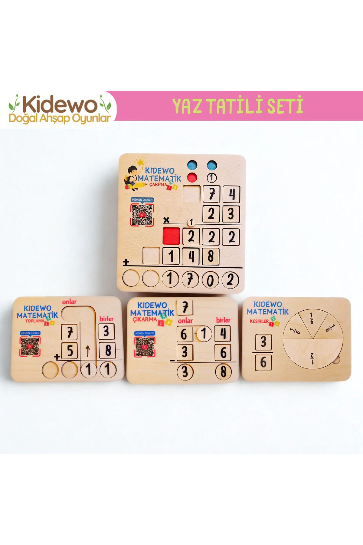 KİDEWO Set 4'lü Çarpma Toplama Çıkarma Kesir | Montessori Eğitici Oyuncak | Huş Ahşap İlkokul Matematik