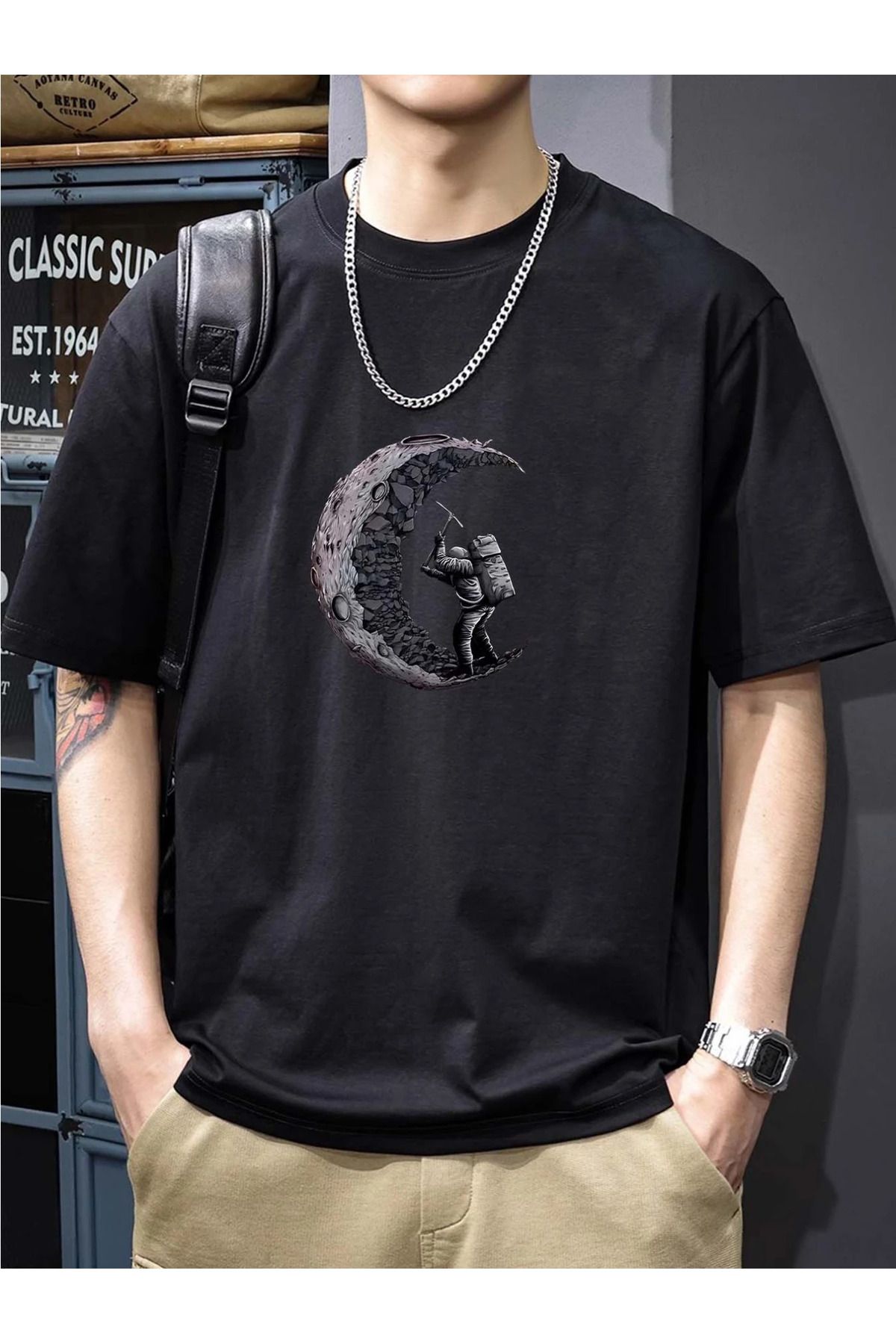 LUNAVISTA Mining The Moon Baskılı Bisiklet Yaka Kısa Kol T-shirt