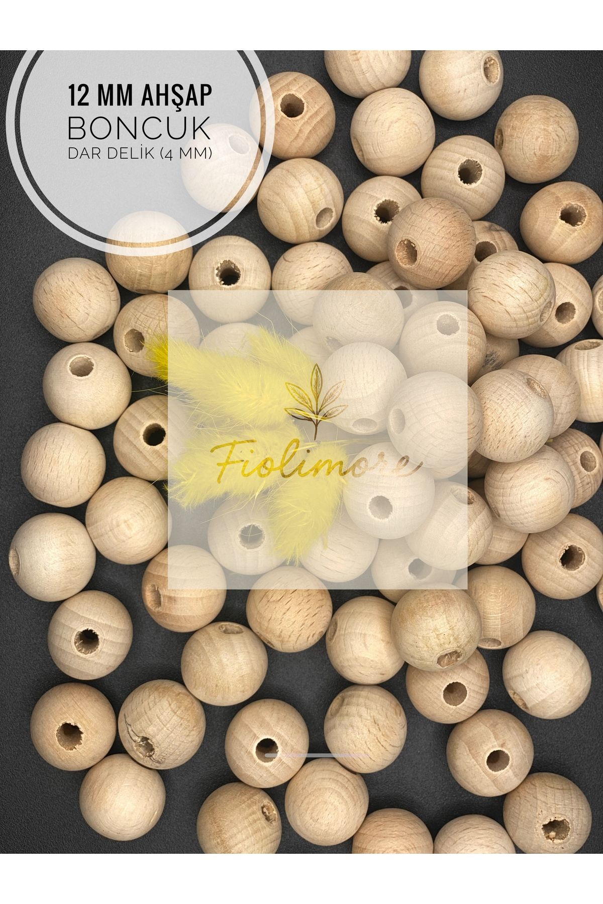 Fiolimore 12 mm Ham Ahşap Boncuk (50 Gram 90 Adet) Delik Çapı 4 mm Yuvarlak Tahta Dar Delik