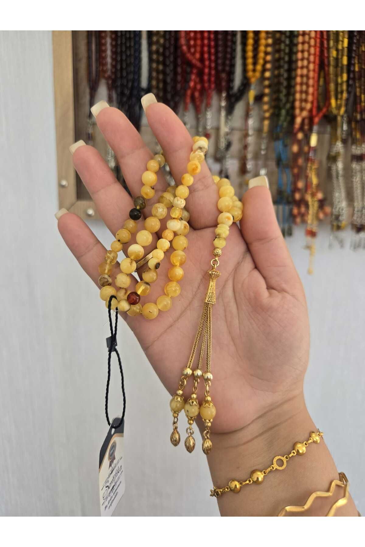 ERASLAN GÜMÜŞ PÜSKÜL KAYADAMLA KEHRİBAR TESBİH VE BİLEKLİK- ÖZEL KADİFE KUTU