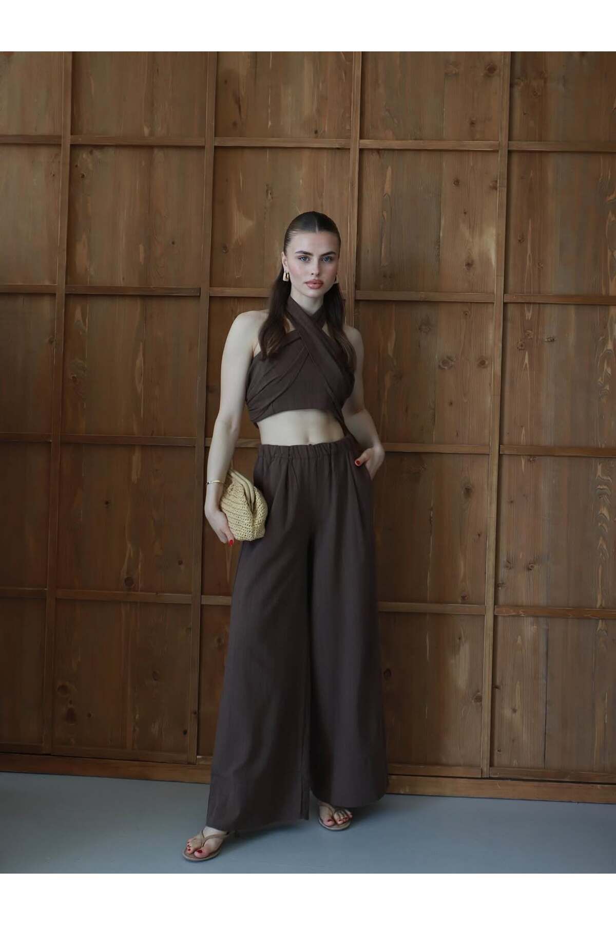 ZENİSO BUTİK KADIN ÇAPRAZ BAĞLAMALI CROP TOP & BOL PAÇA PANTOLON İKİLİ TAKIM