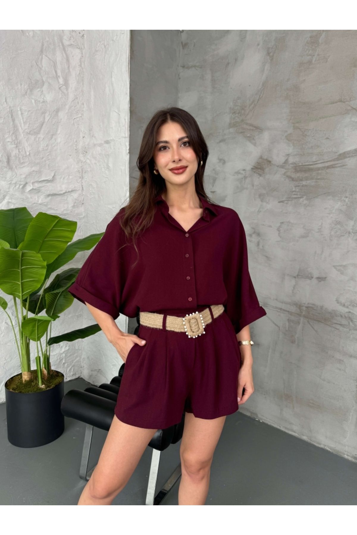 Elif Özbey Butik Mürdüm Keten Şortlu Takım