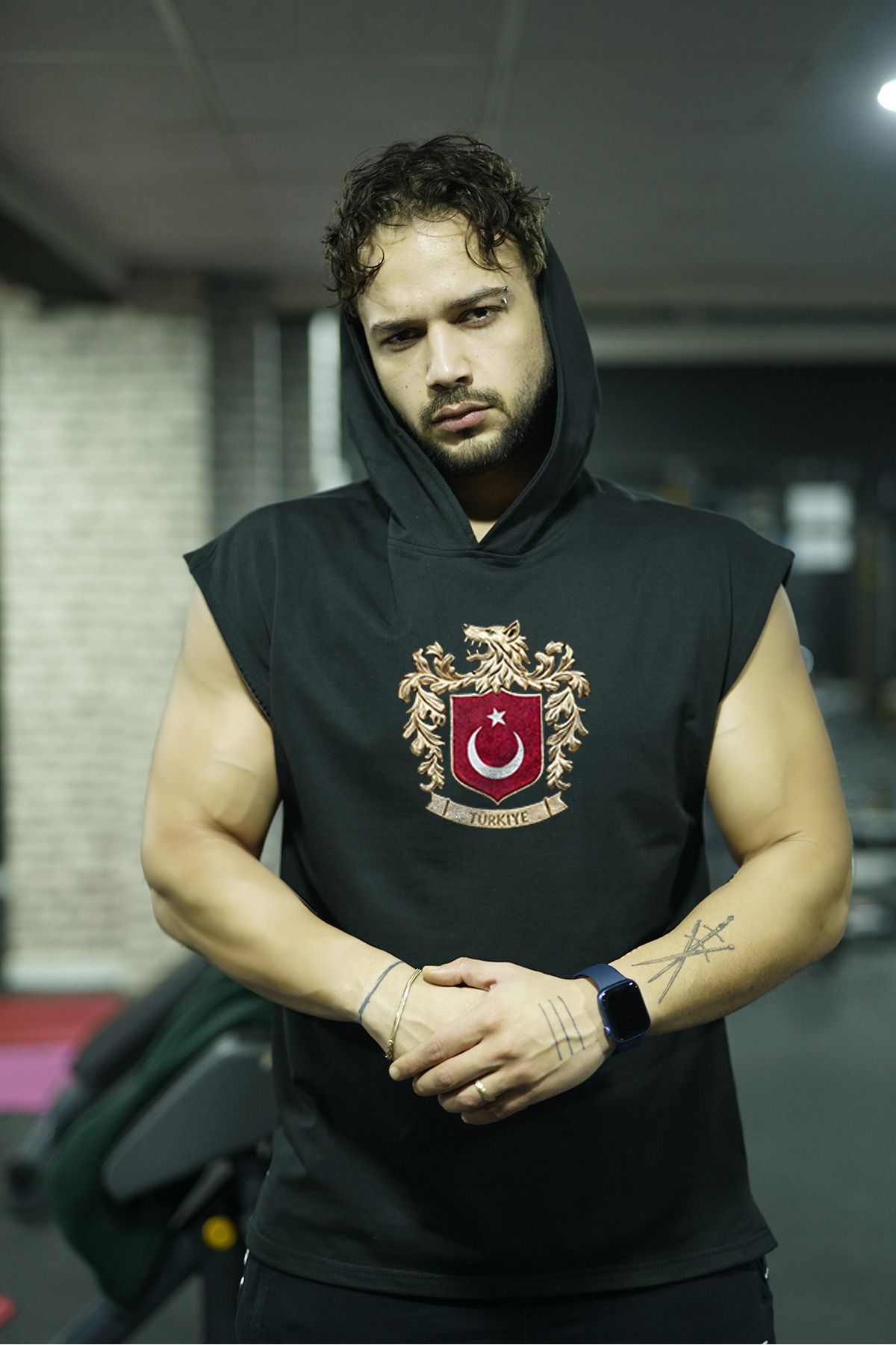 ACTIVE MODA Kurt Spor Tişört Türk Arması Kapüşonlu Fitness Atlet %100 Pamuk Kalite Kumaş ®