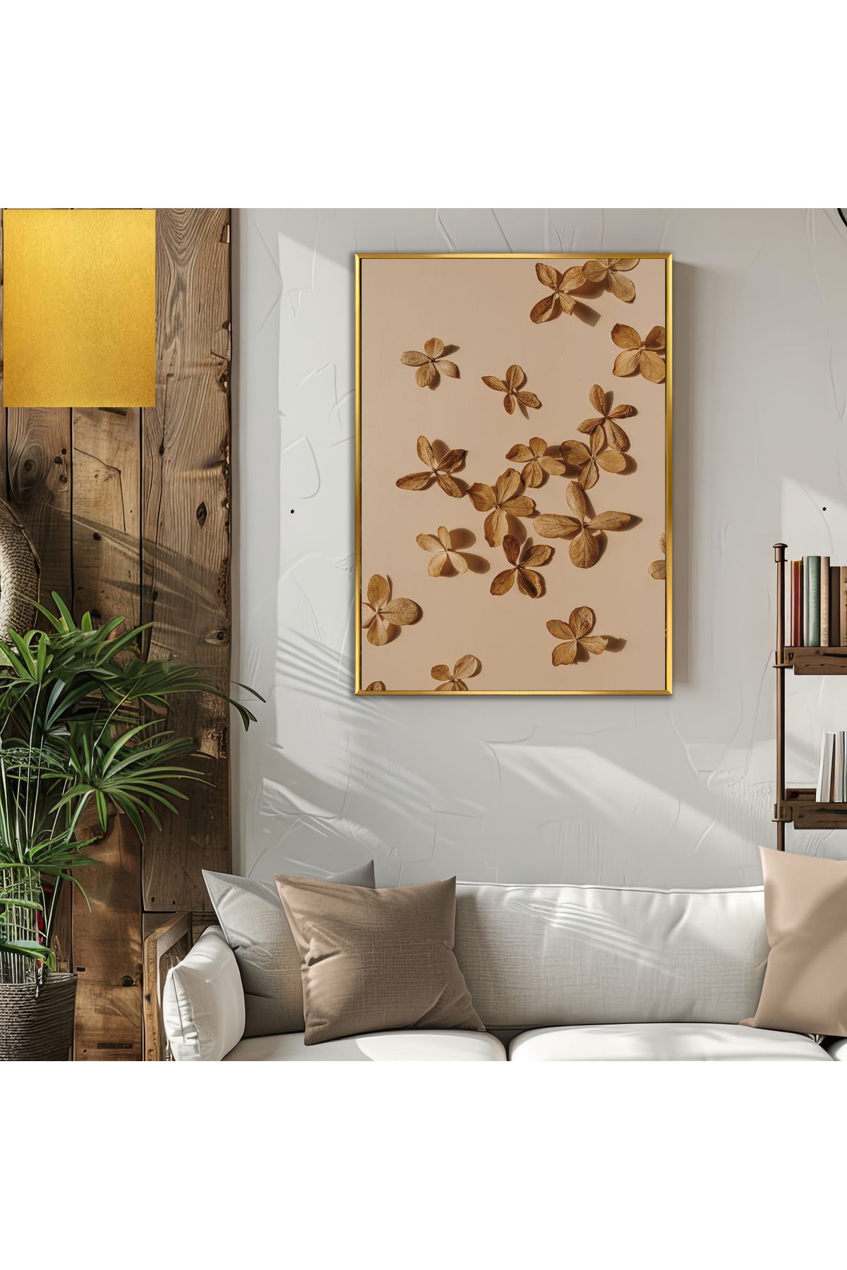 Harikabirev HARİKABİREV|KREM-KAHVE KURU ÇİÇEK MODELİ (FLORAL) |ÇERÇEVELİ TEMPERLİ CAM TABLO TEKLİ DİKEY