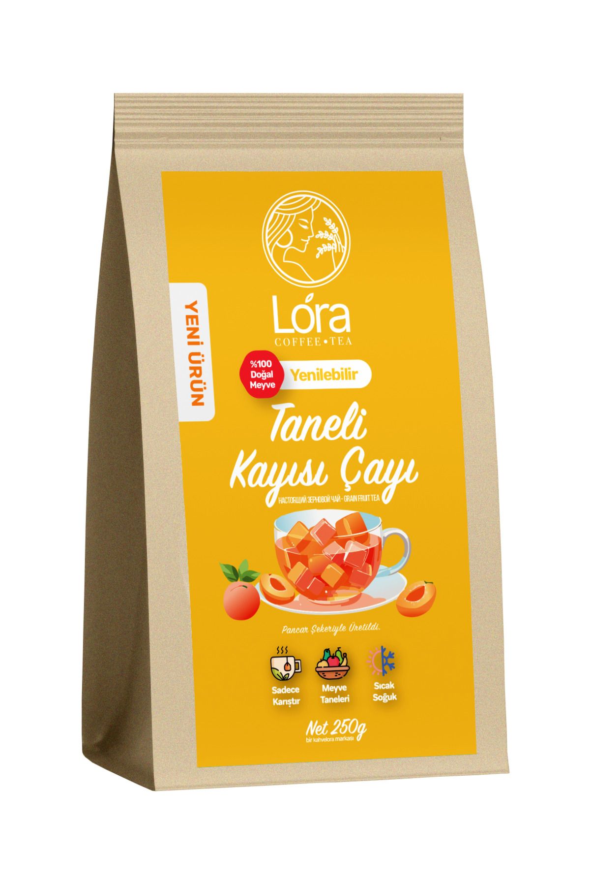 LoraTea 250g Doğal Yenilebilir Taneli Kayısı Çayı - Bardakta Hazır - Sıcak Yada Soğuk - Kayısı Kurusu